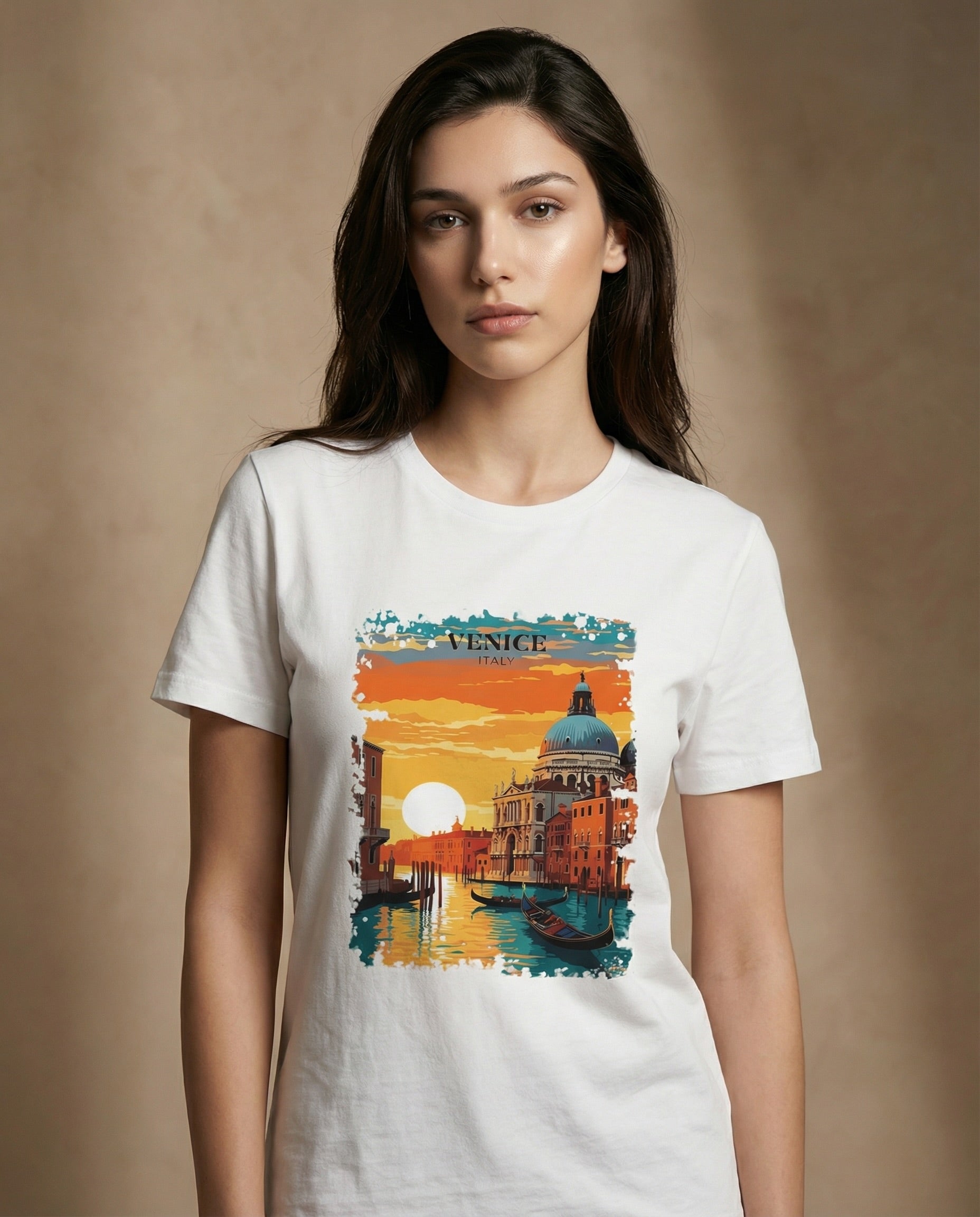 Venice Aurelia Sunset Canal Edition unisex print by aurulu, featuring a vibrant canal scene with historic buildings.