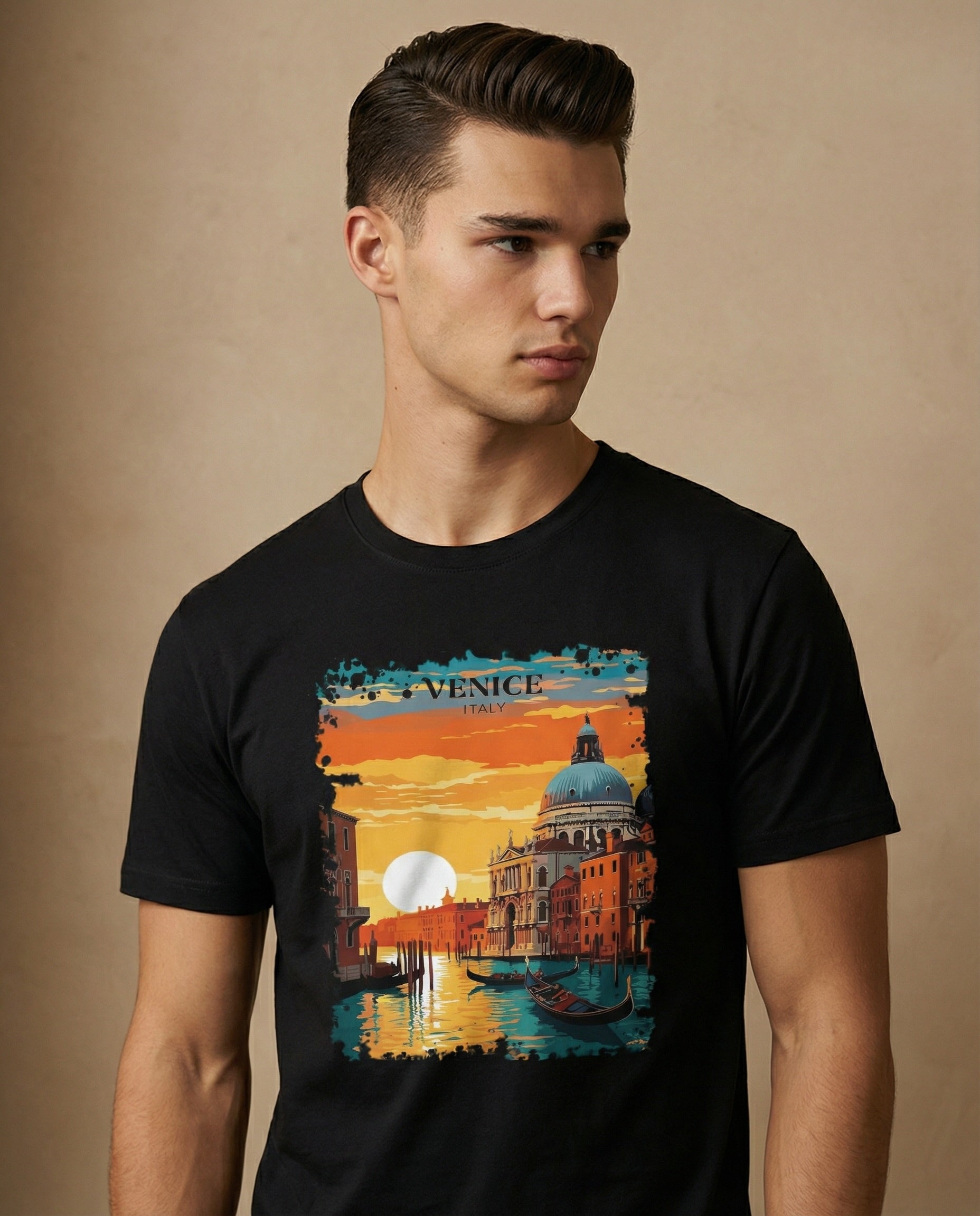 Venice Aurelia Sunset Canal Edition unisex print by aurulu showcasing a colorful sunset scene of Venice canals.