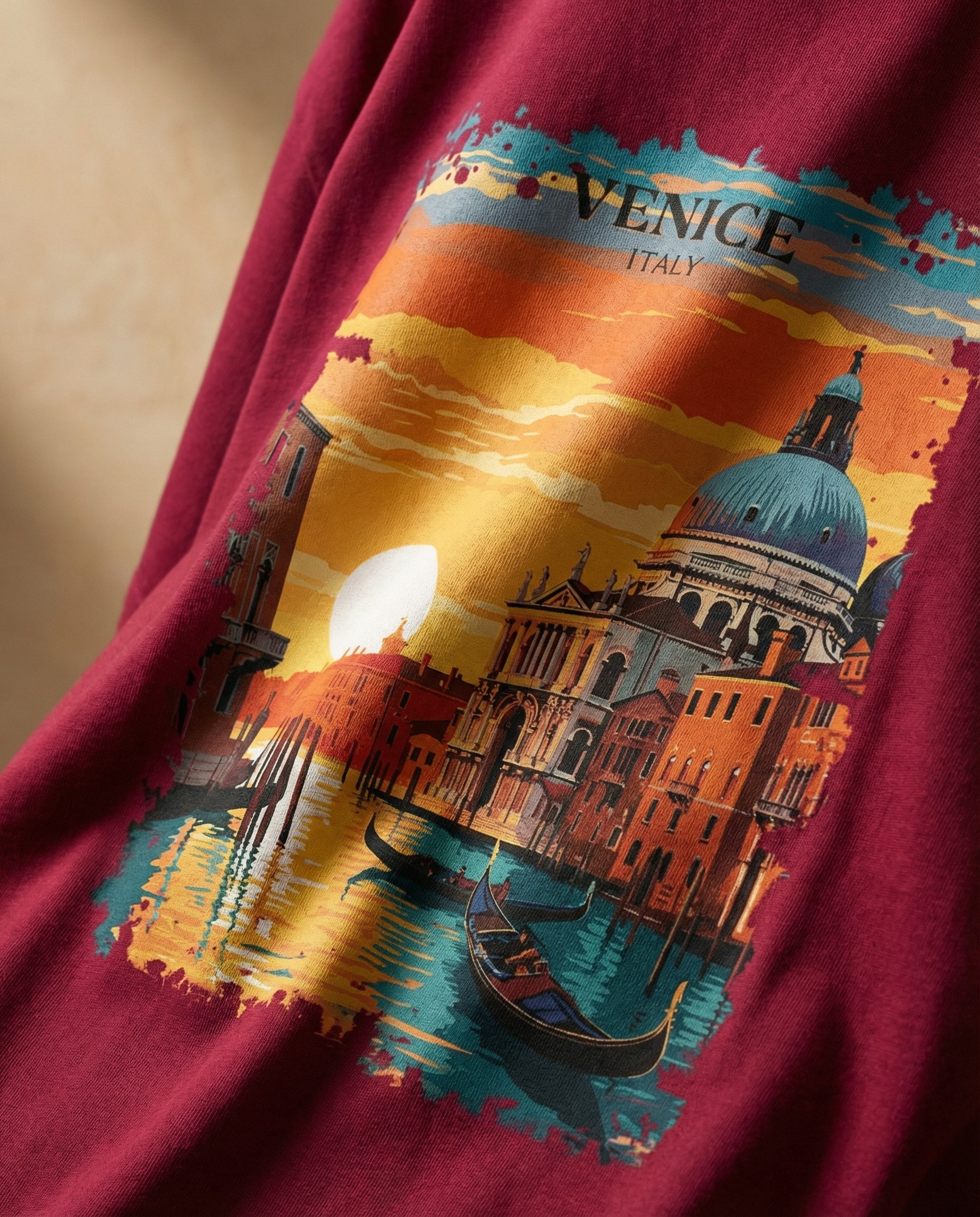 Venice Aurelia Sunset Canal Edition unisex print by aurulu showing a vibrant canal scene with sunset reflections.