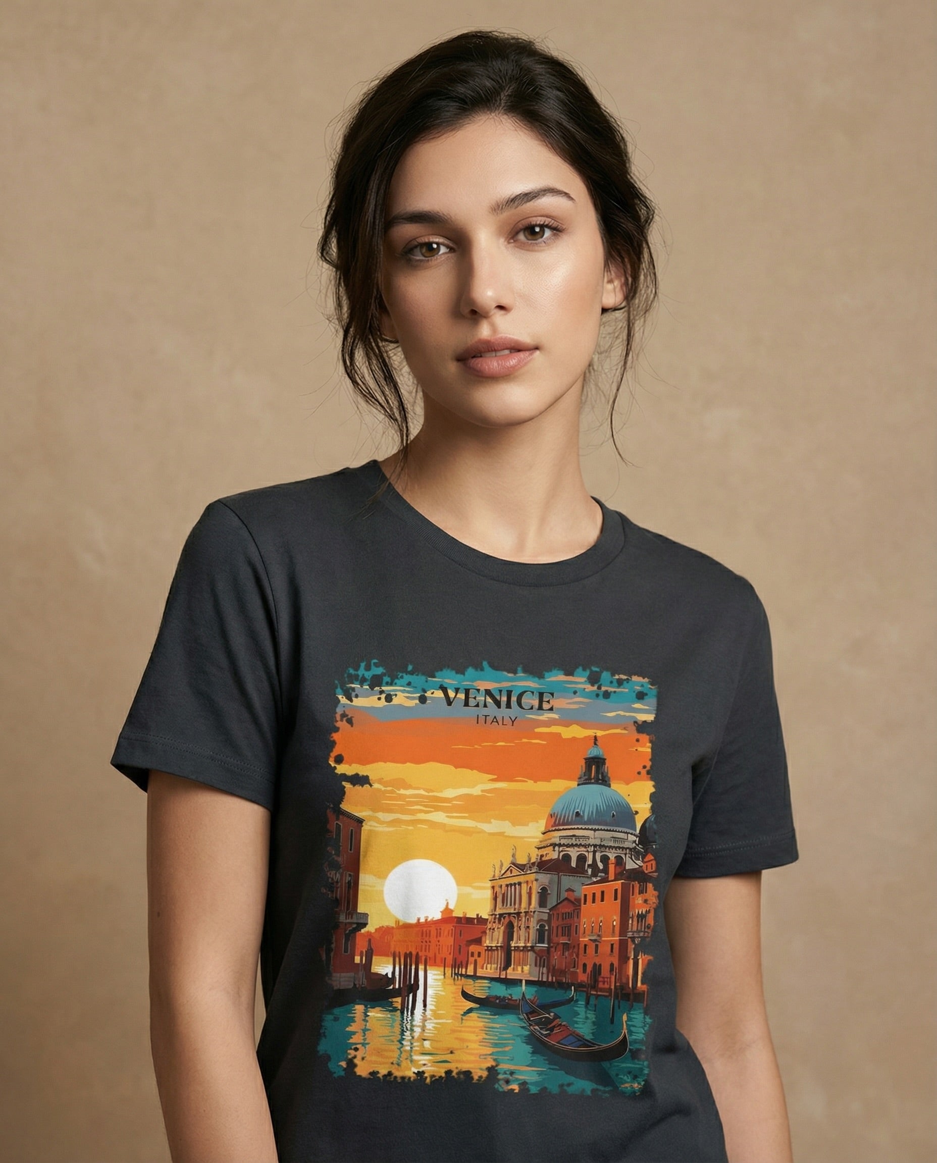 Unisex Venice Aurelia Sunset Canal print by aurulu, showcasing a vibrant canal scene in warm sunset tones.