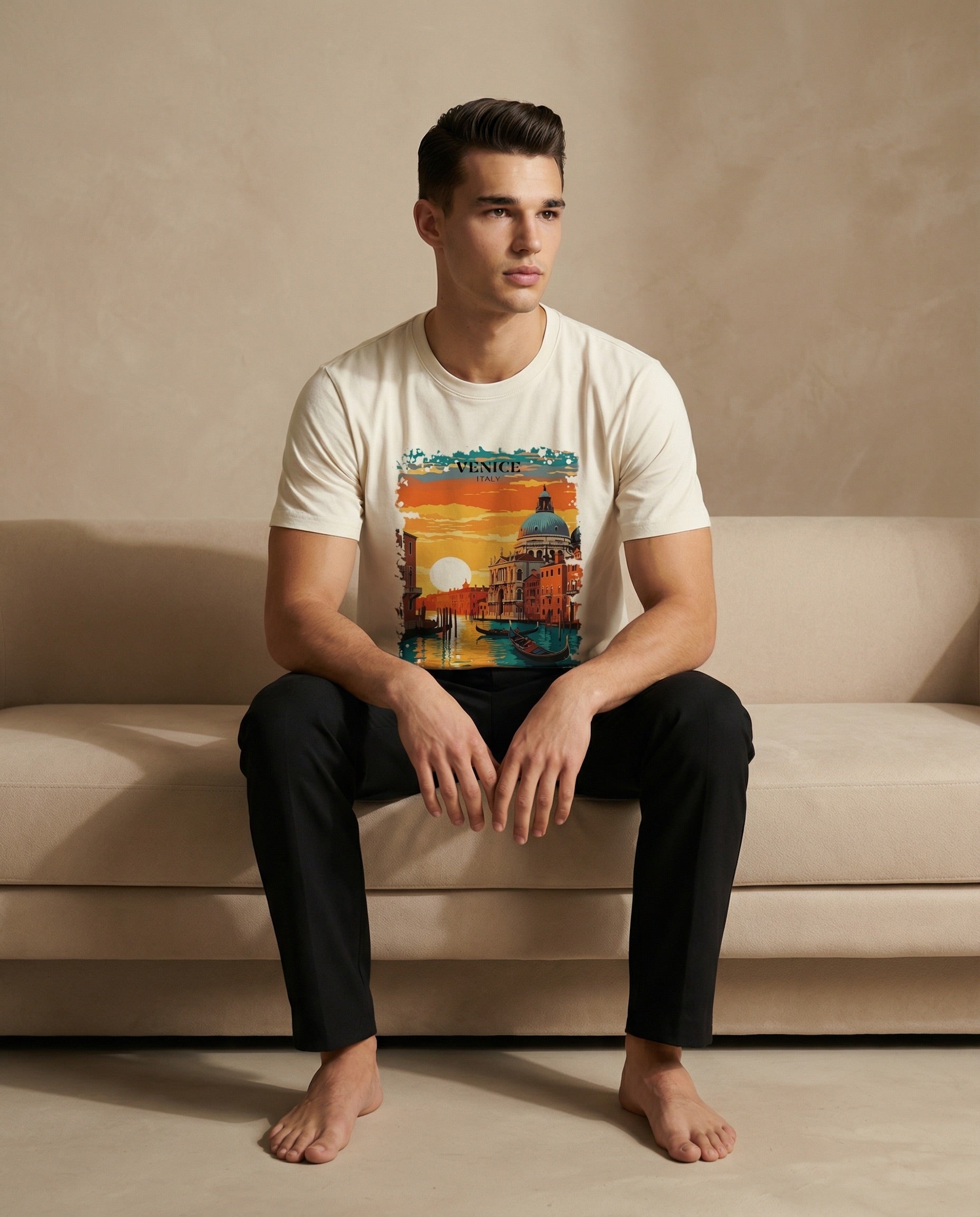 Venice Aurelia Sunset Canal Edition unisex print by aurulu showing a colorful canal scene in vibrant sunset tones.