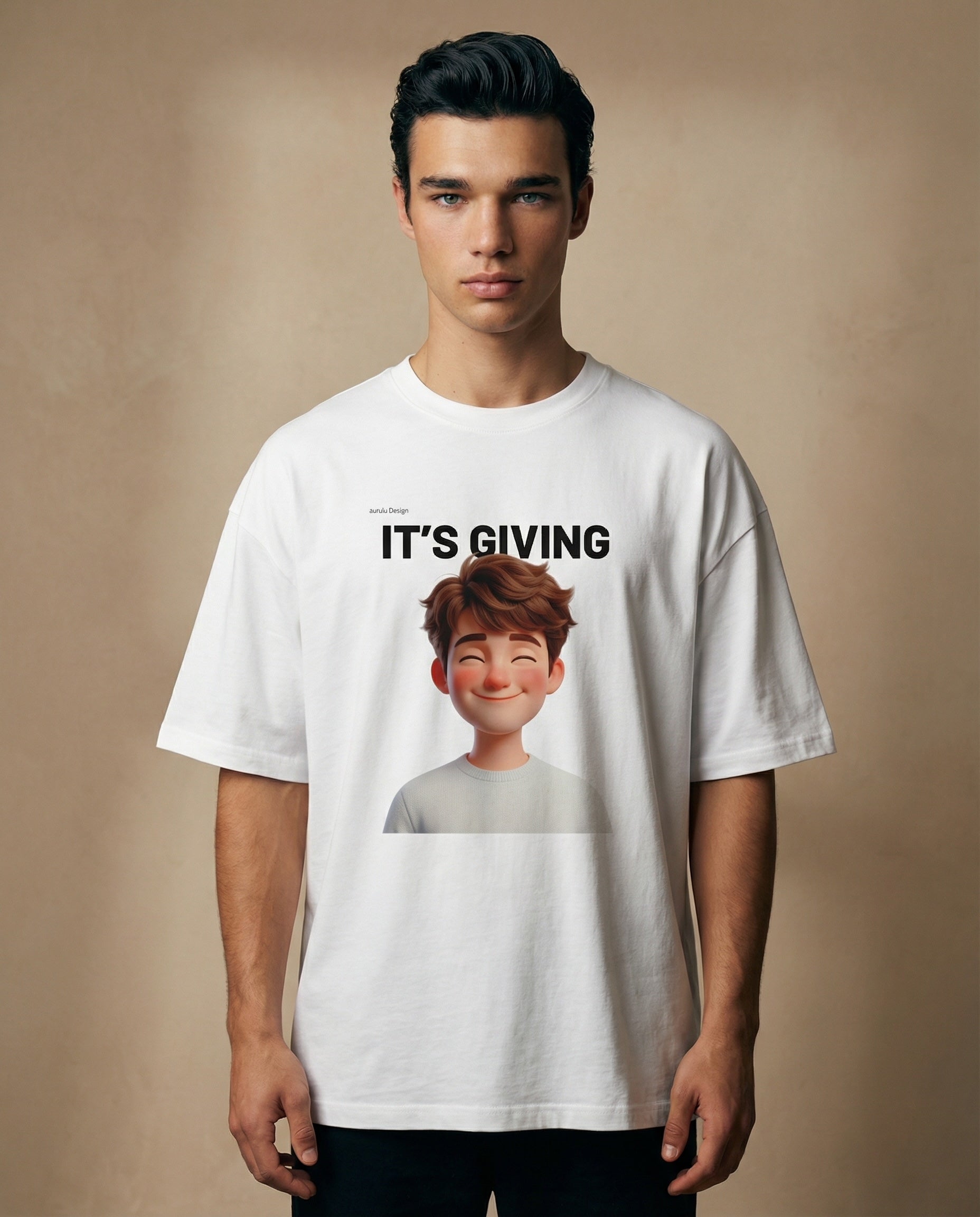 Oversized "It’s Giving" print oversized tee by aurulu from the Main Character Collection, featuring bold graphic design for men.