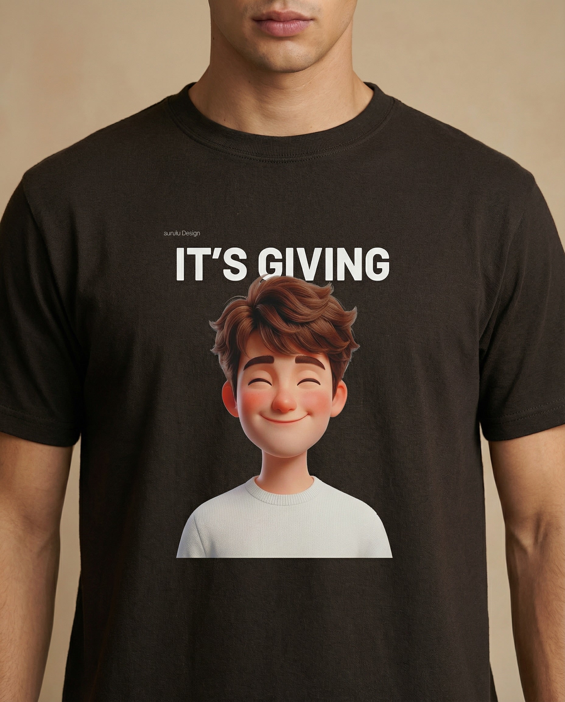 Black oversized "It's Giving" print tee for men from aurulu's Main Character Collection, featuring bold graphic design.