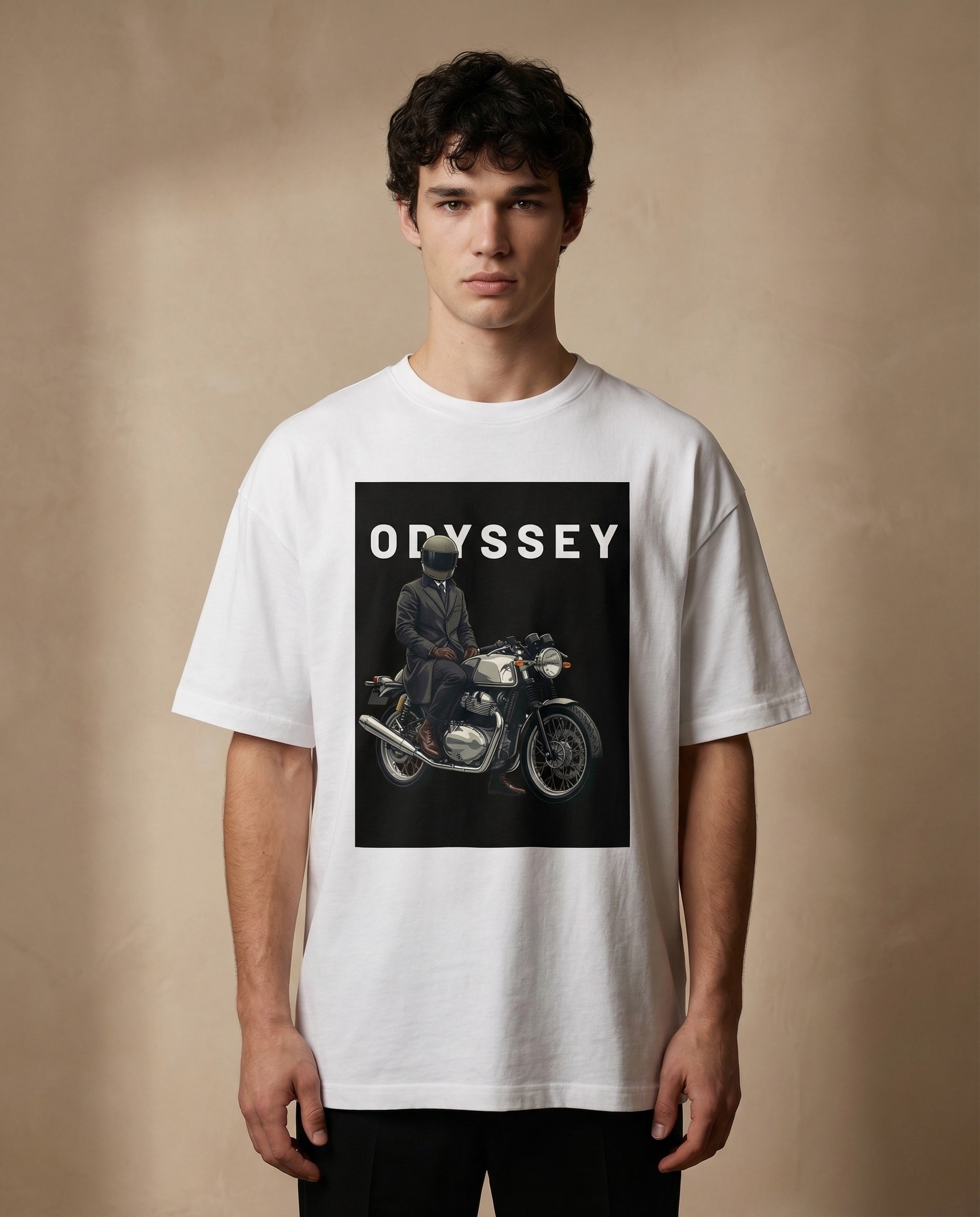 Aurulu ODYSSEY oversized men's T-shirt with graphic print, casual style, soft fabric, and comfortable fit.