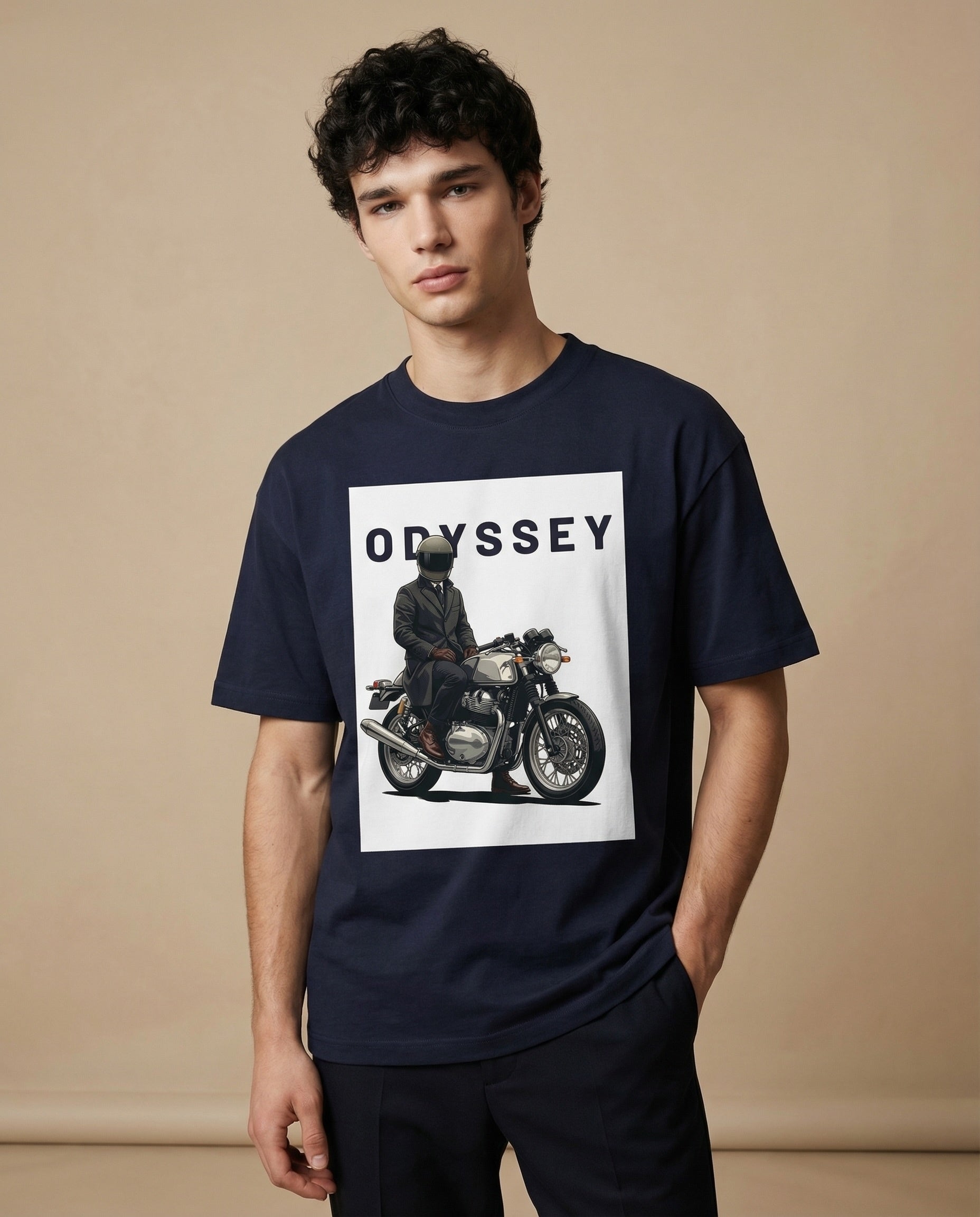 Aurulu ODYSSEY oversized men's print T-shirt displayed on a hanger with bold graphic design.