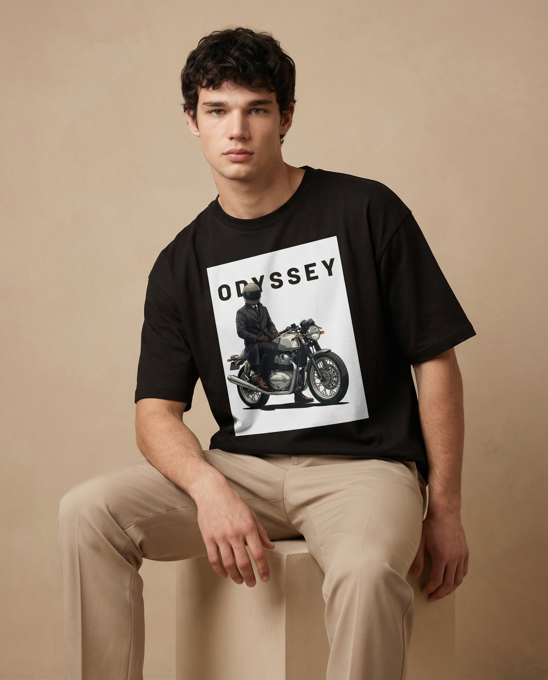 Aurulu Odyssey oversized men's T-shirt with bold print, soft fabric, and relaxed fit shown in front view.