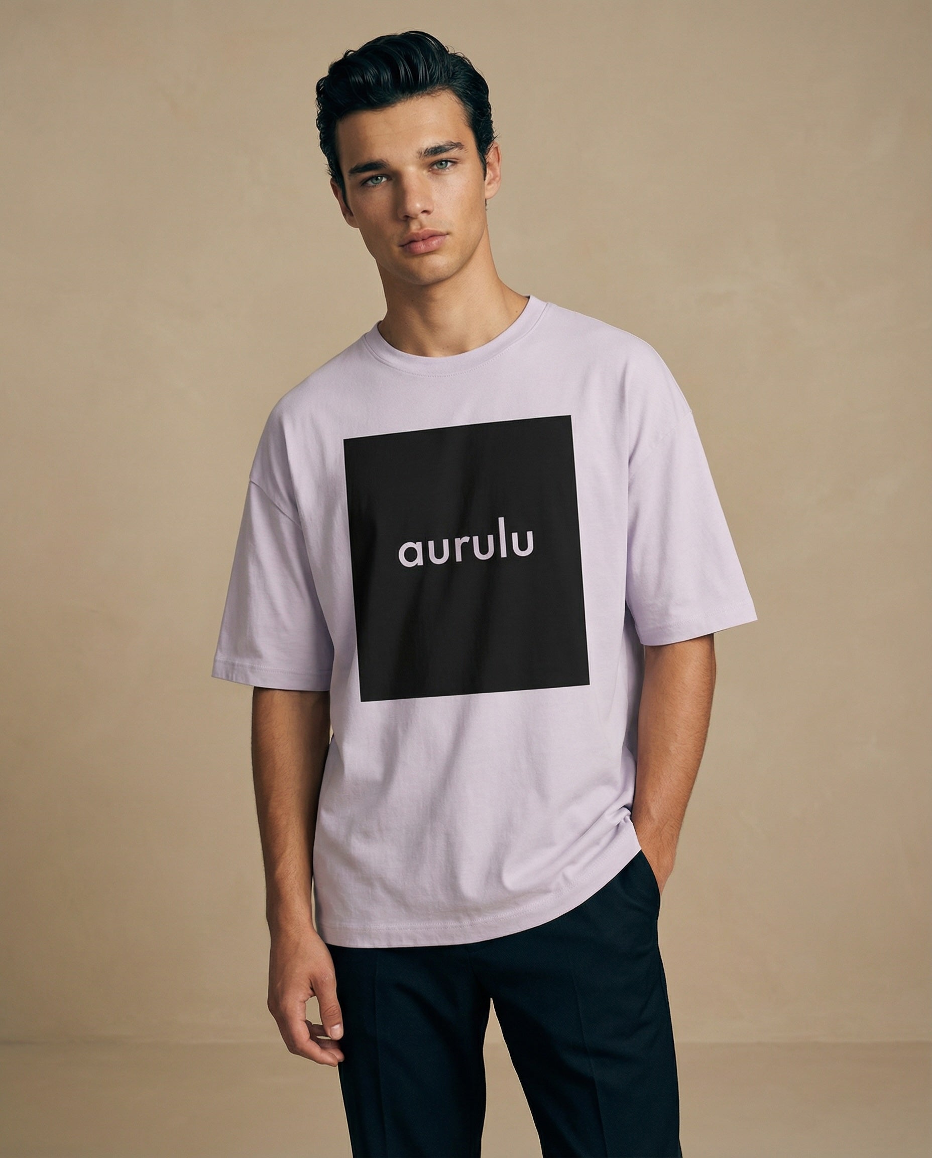 Large men's oversized aurulu T-shirt with bold print design, made from comfortable fabric, featuring a casual streetwear style.