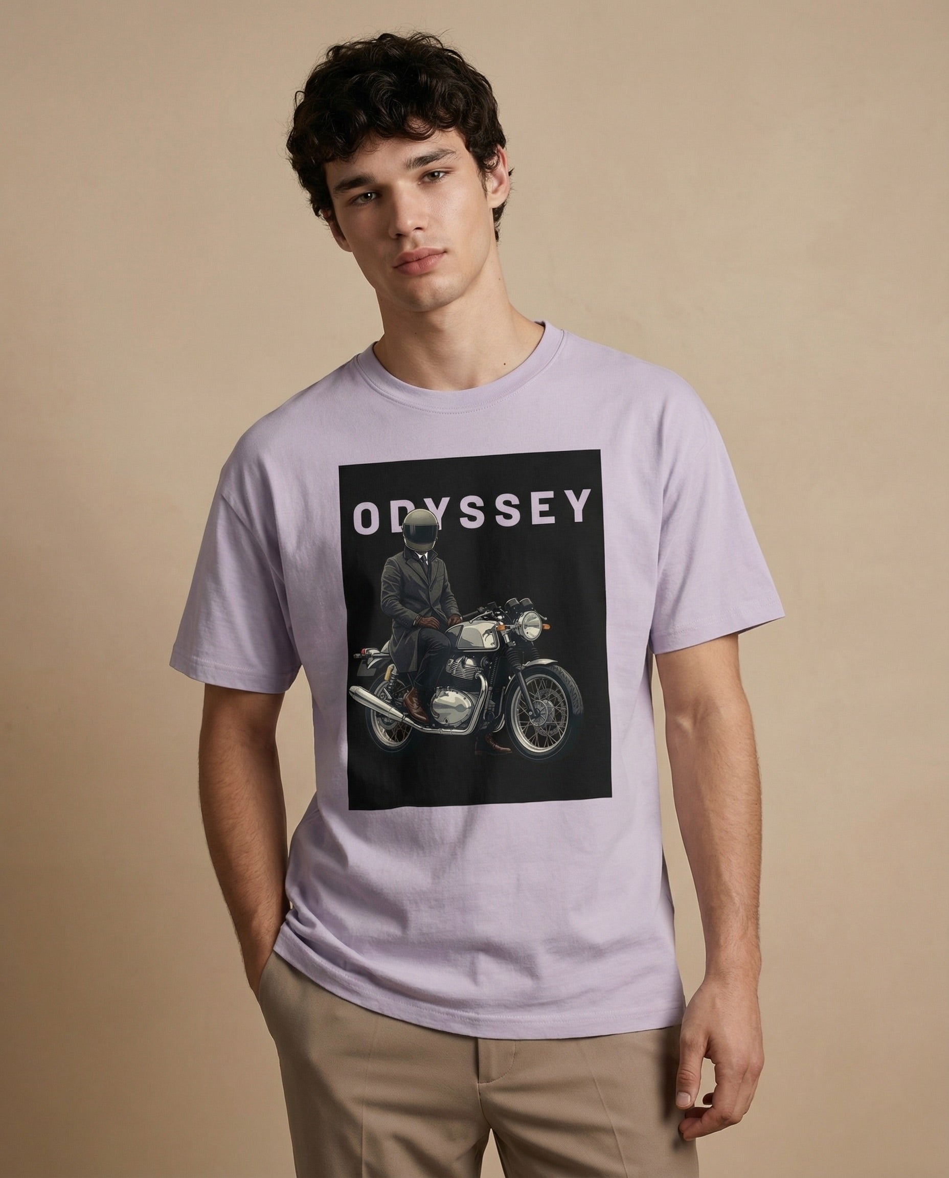 Aurulu Odyssey oversized men's T-shirt with printed design, showcasing soft fabric and relaxed fit in the image.