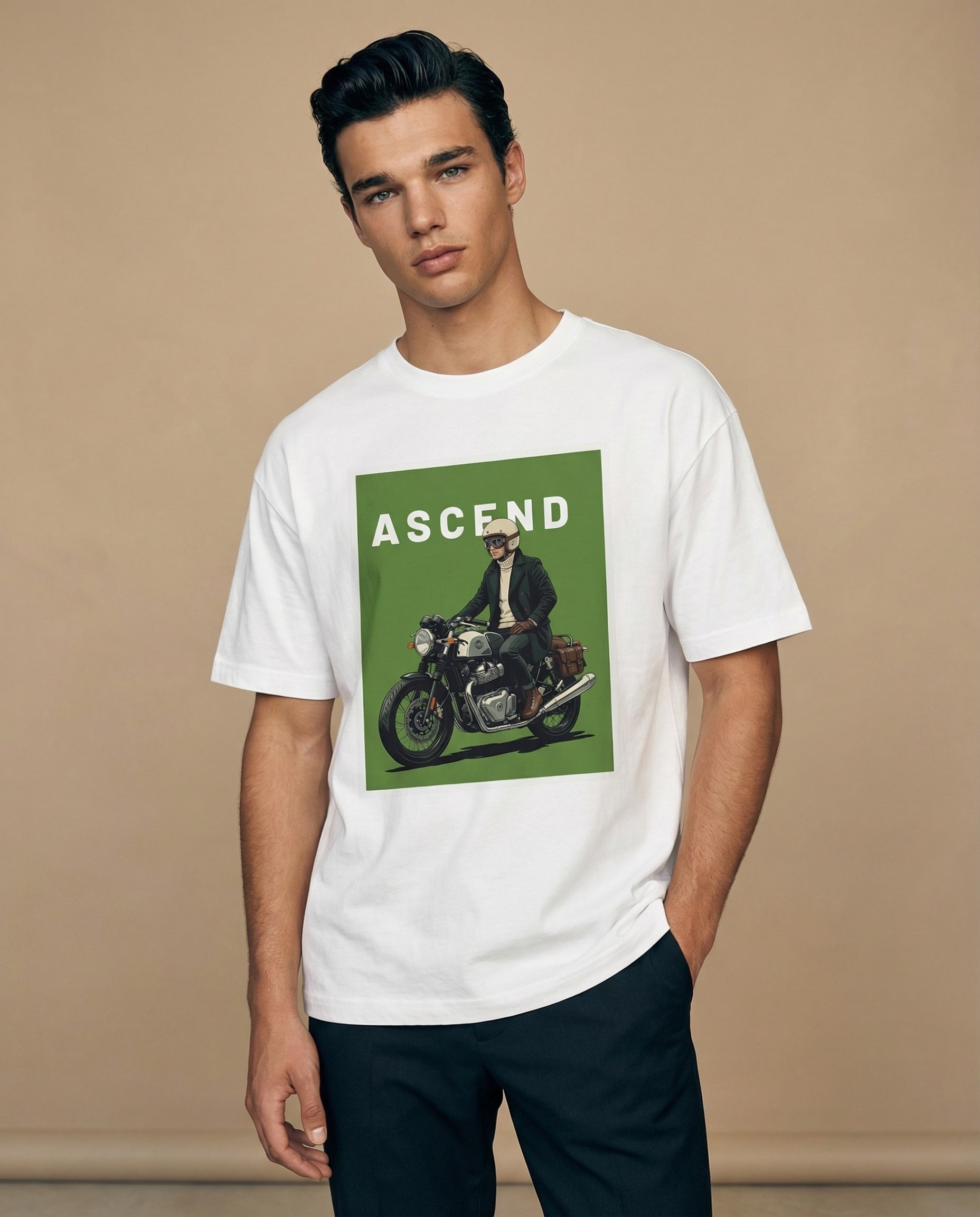 Aurulu ASCEND oversized men's T-shirt with bold print, soft fabric, and relaxed fit, perfect for casual wear.