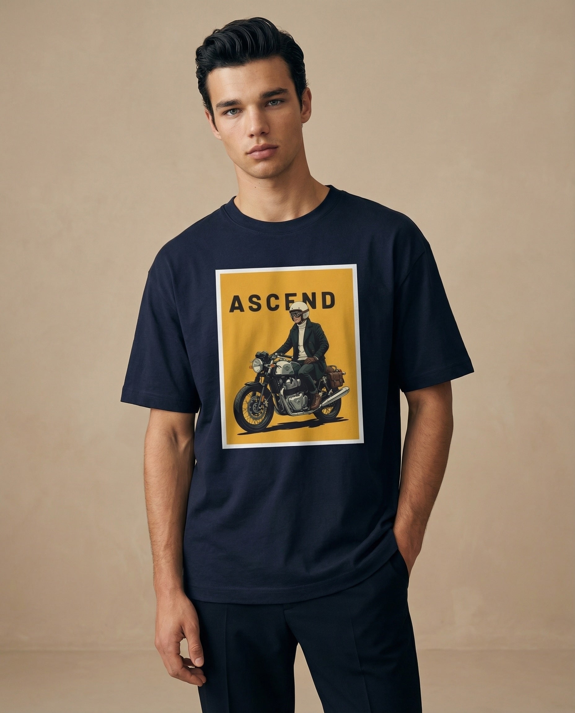 Aurulu ASCEND oversized men's T-shirt with printed design, made from comfortable material, displayed flat on a white background.