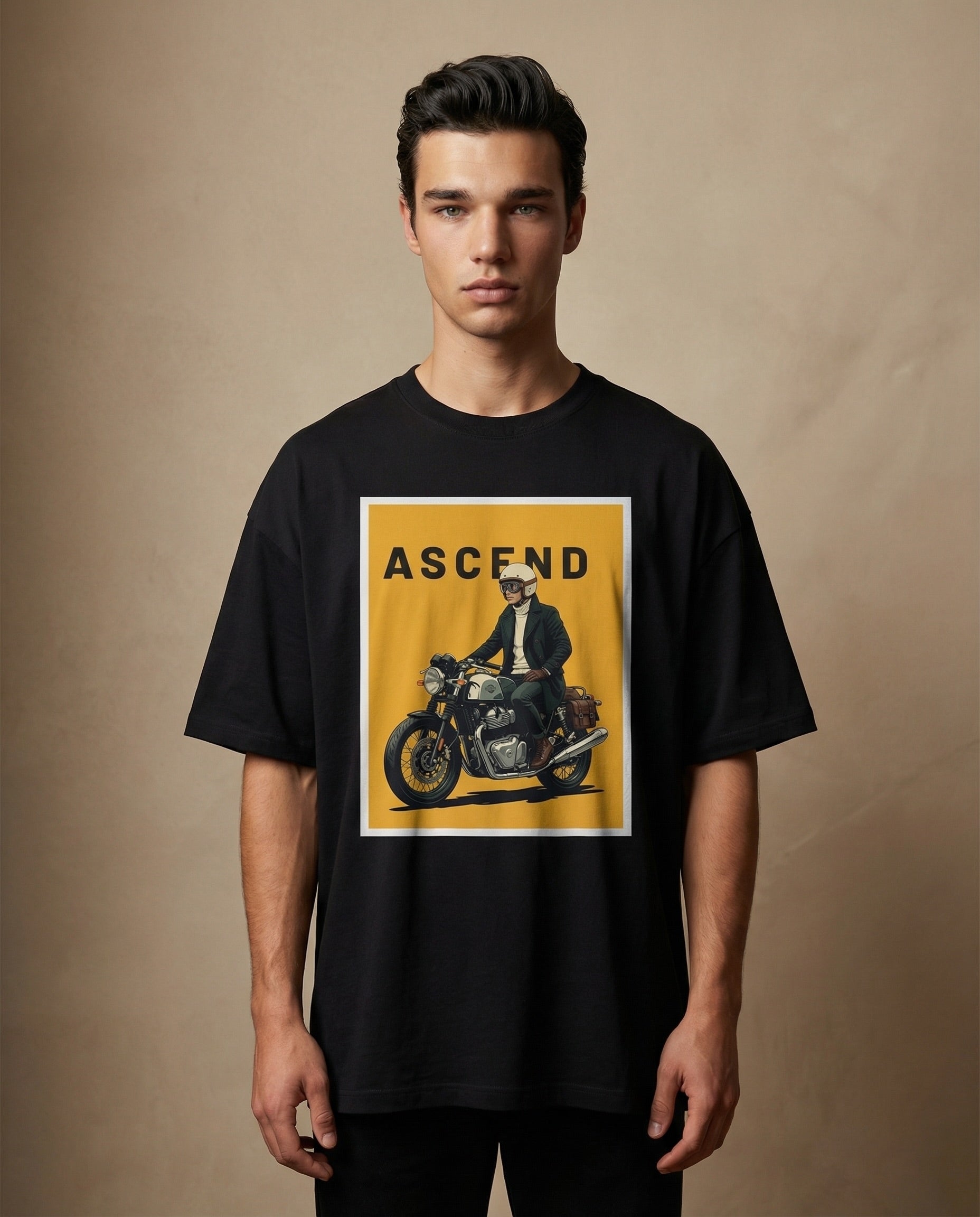 Aurulu ASCEND oversized men's T-shirt with bold print, casual fit, made from comfortable material, displayed on a hanger.