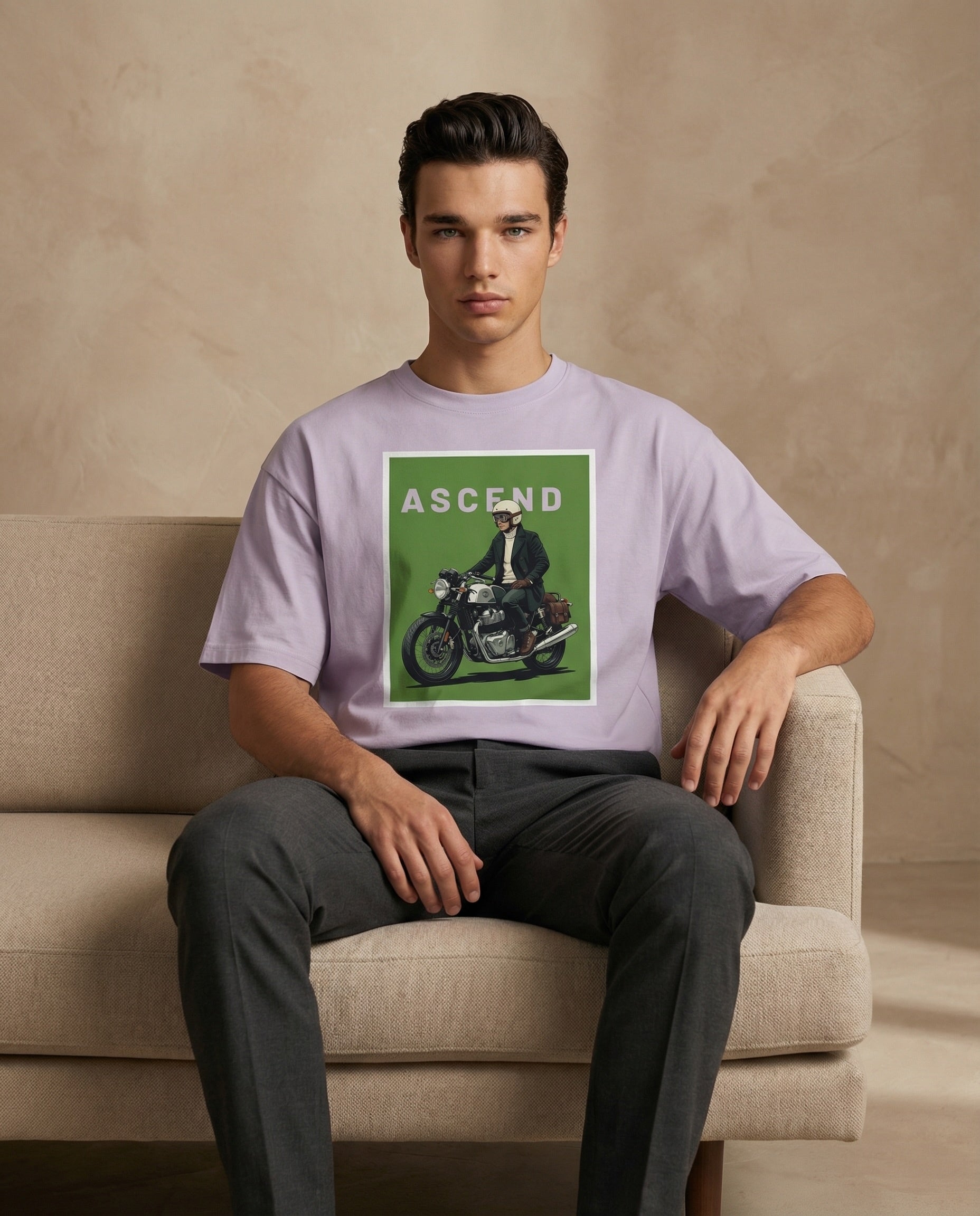 Aurulu ASCEND oversized men's T-shirt with bold print design, made from comfortable material, displayed on a plain background.