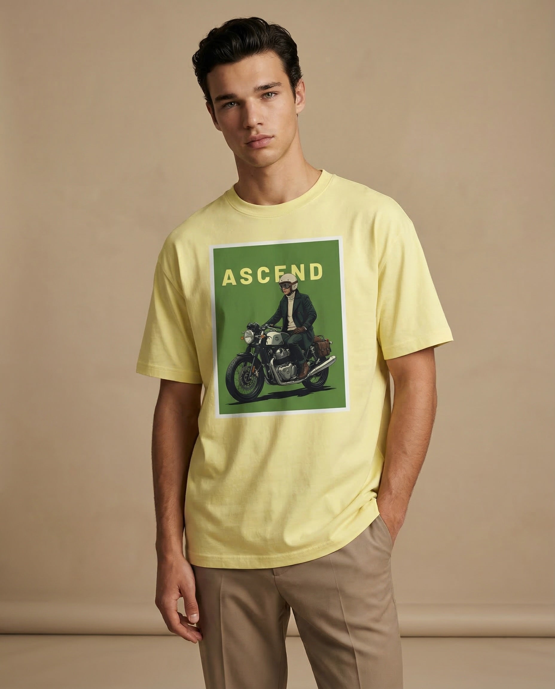 Aurulu ASCEND oversized men's T-shirt with print design, soft material, casual fit, and comfortable style.