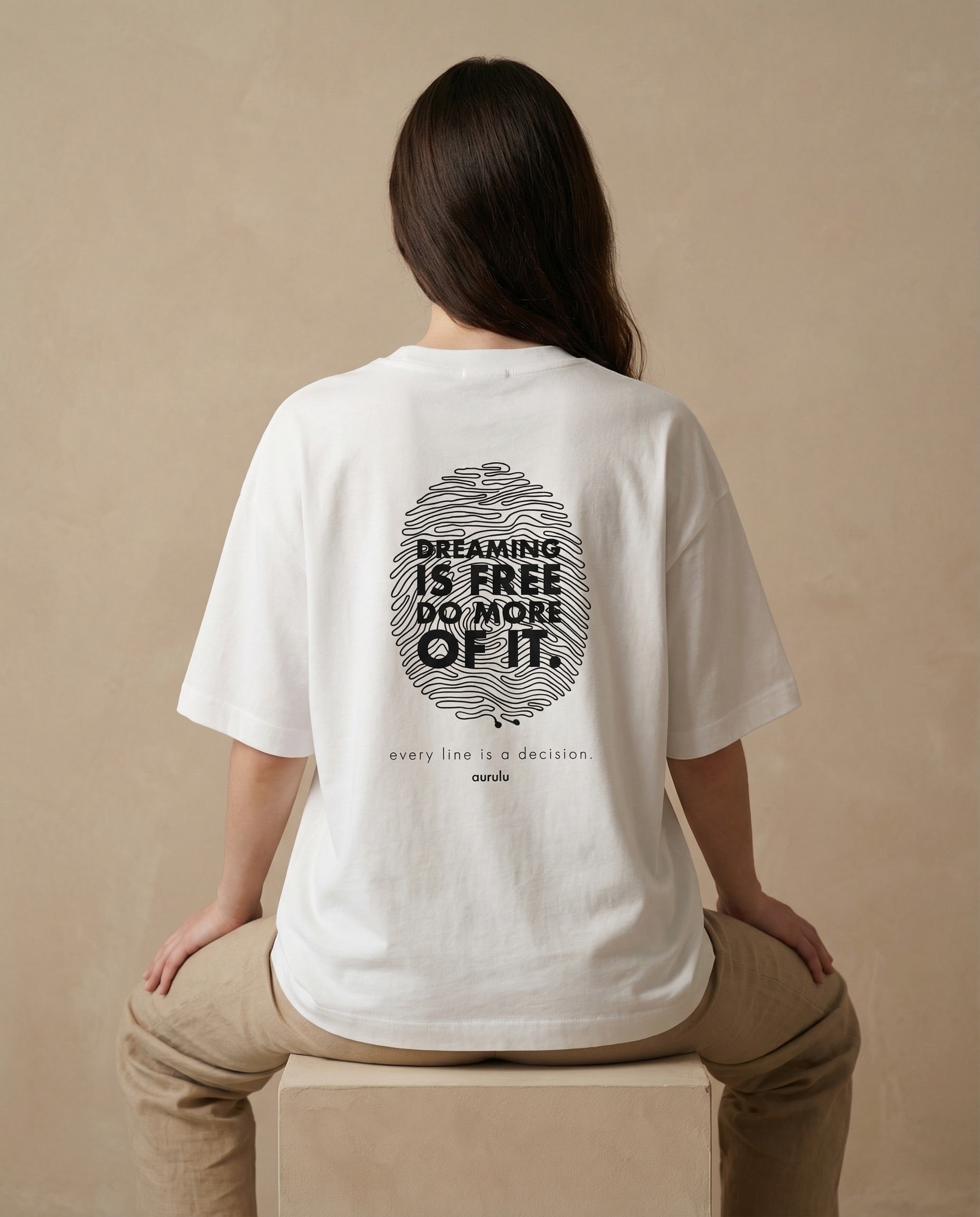 Aurulu imprint oversized women's T-shirt with bold print design, soft fabric, and relaxed fit for casual style.
