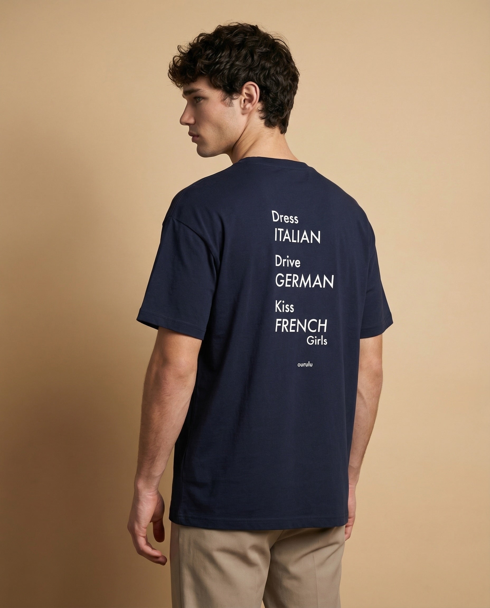 Men's oversized Italian print T-shirt by aurulu, made from comfortable print material, featuring a stylish design.