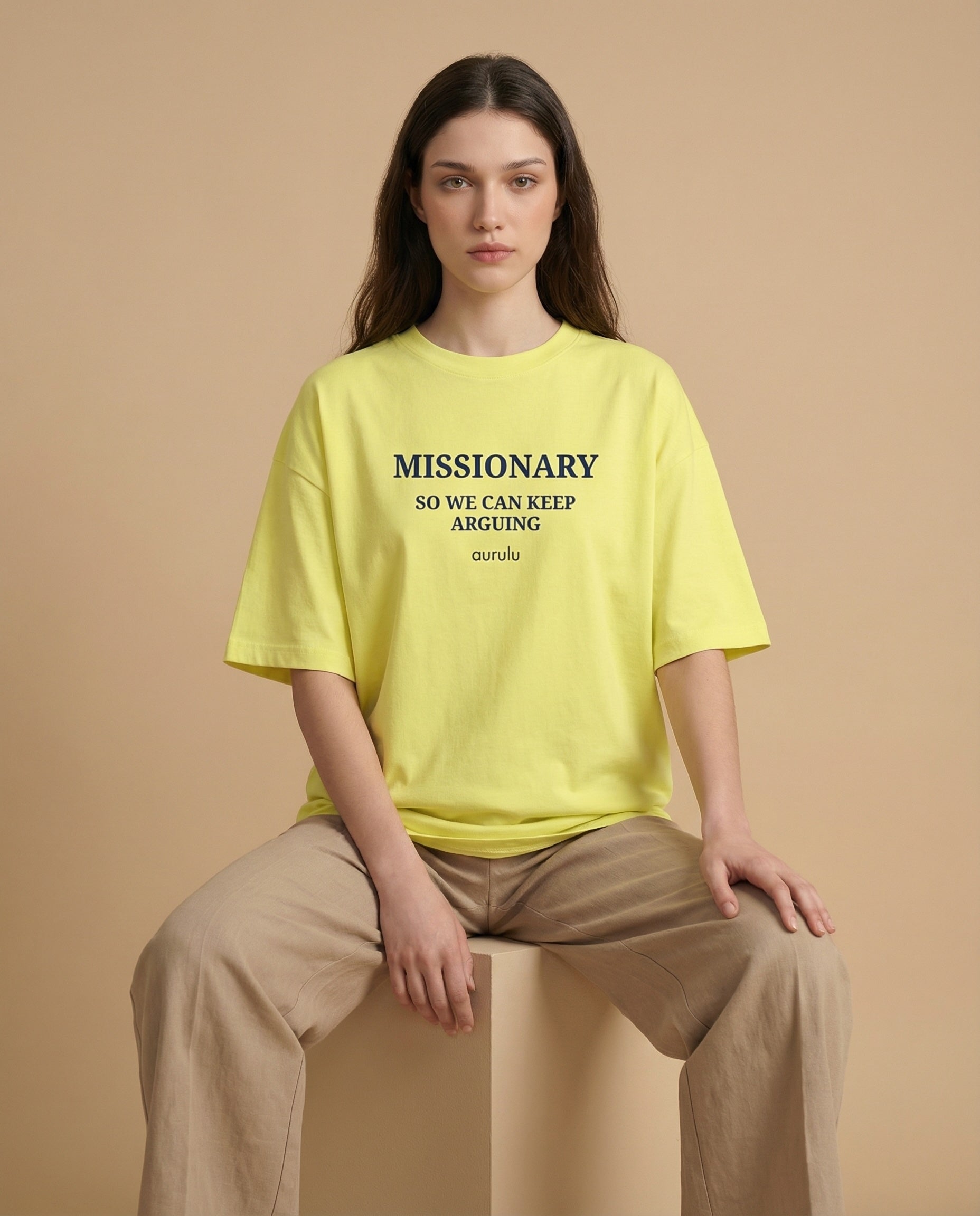 Aurulu oversized women's missionary argument T-shirt with printed design, casual fit, and soft fabric for comfortable everyday wear.