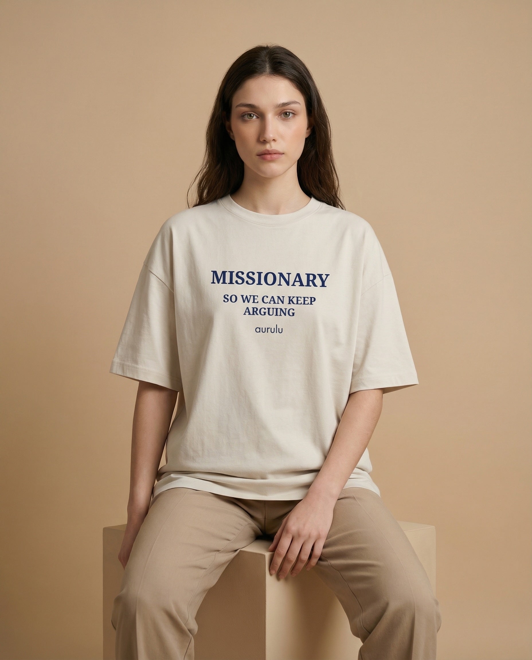 Oversized women's T-shirt by Aurulu featuring a Missionary Argument print on soft fabric.