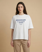 Aurulu women's oversized missionary argument print T-shirt, soft cotton material, casual fit, featuring a bold graphic design.
