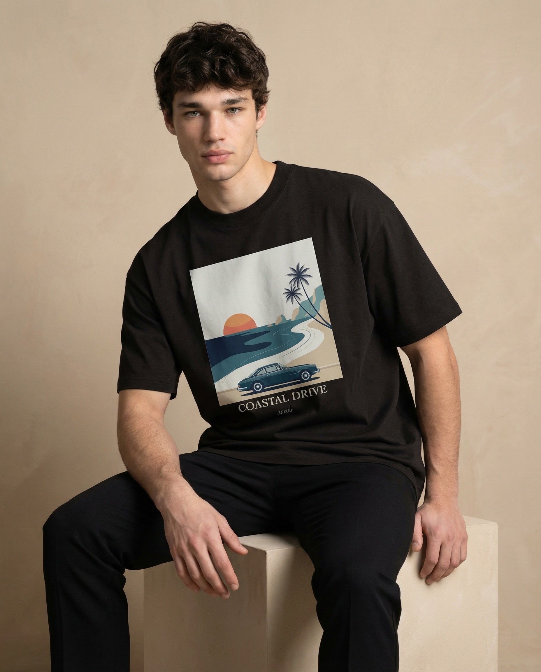 Aurulu Coastal Drive oversized men's print tee featuring a coastal landscape design, casual and comfortable graphic t-shirt.