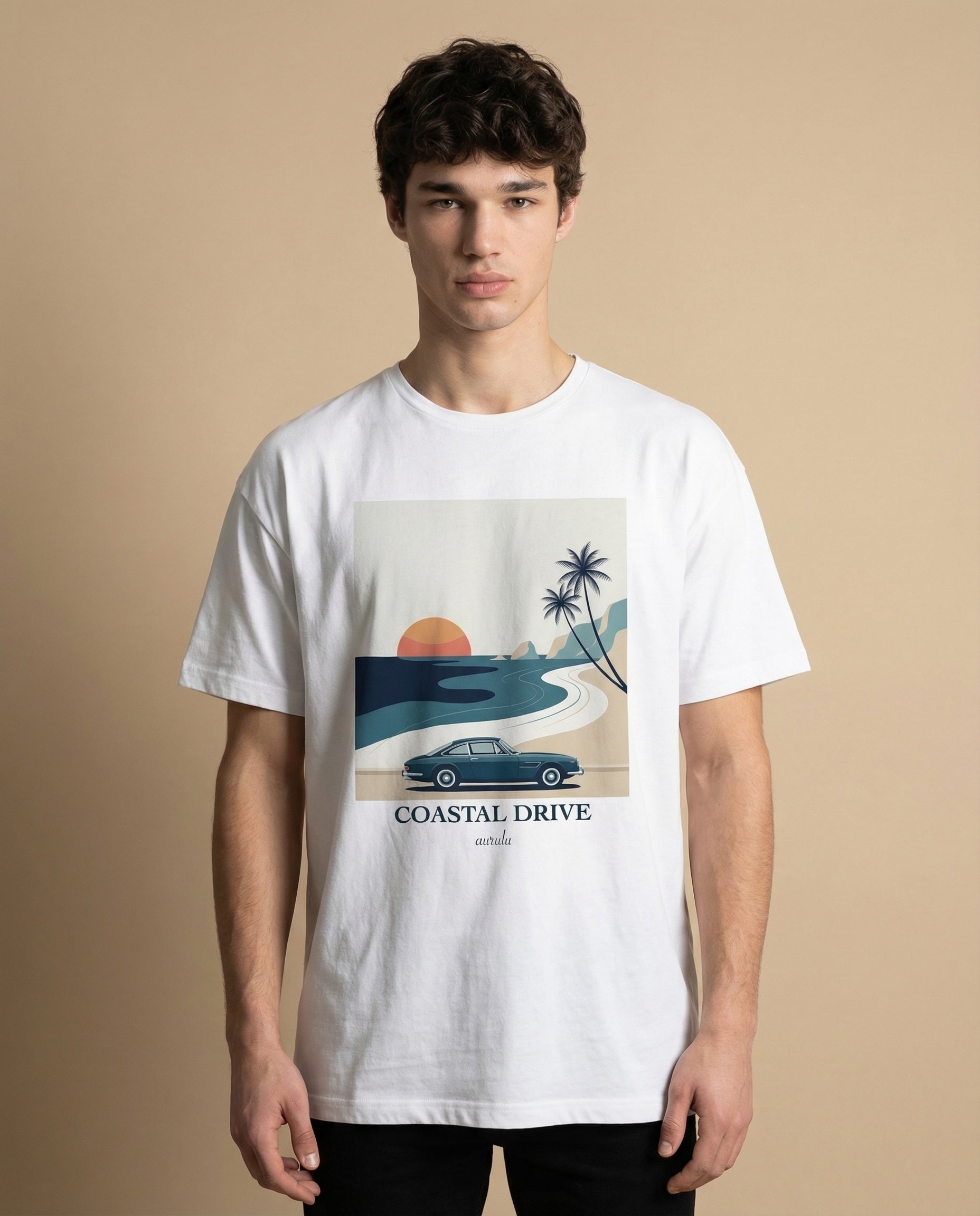Aurulu Coastal Drive oversized men's print tee featuring a vibrant coastal-themed graphic on soft fabric.