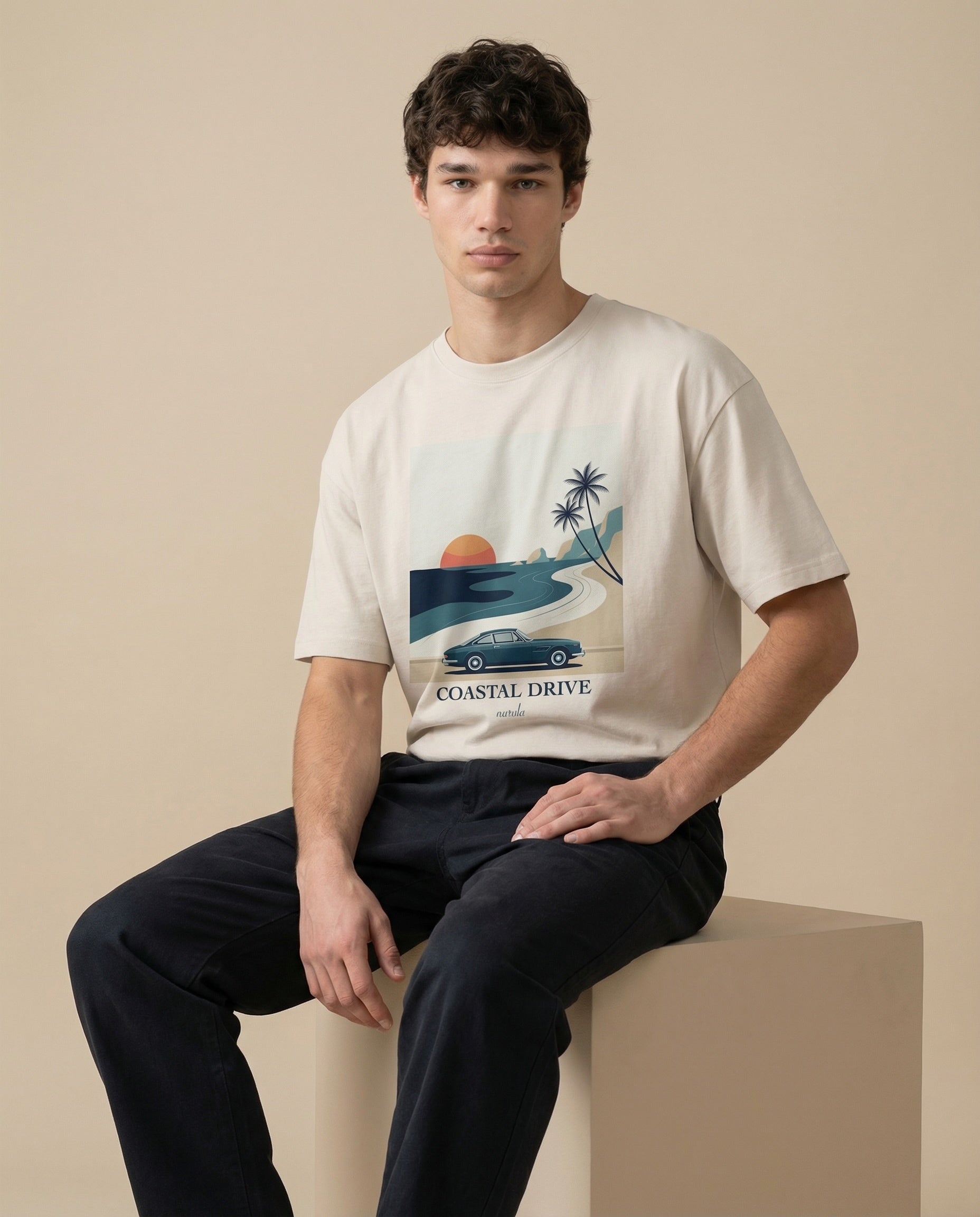 Aurulu Coastal Drive oversized men's T-shirt with coastal print, casual fit, soft fabric, and relaxed style.