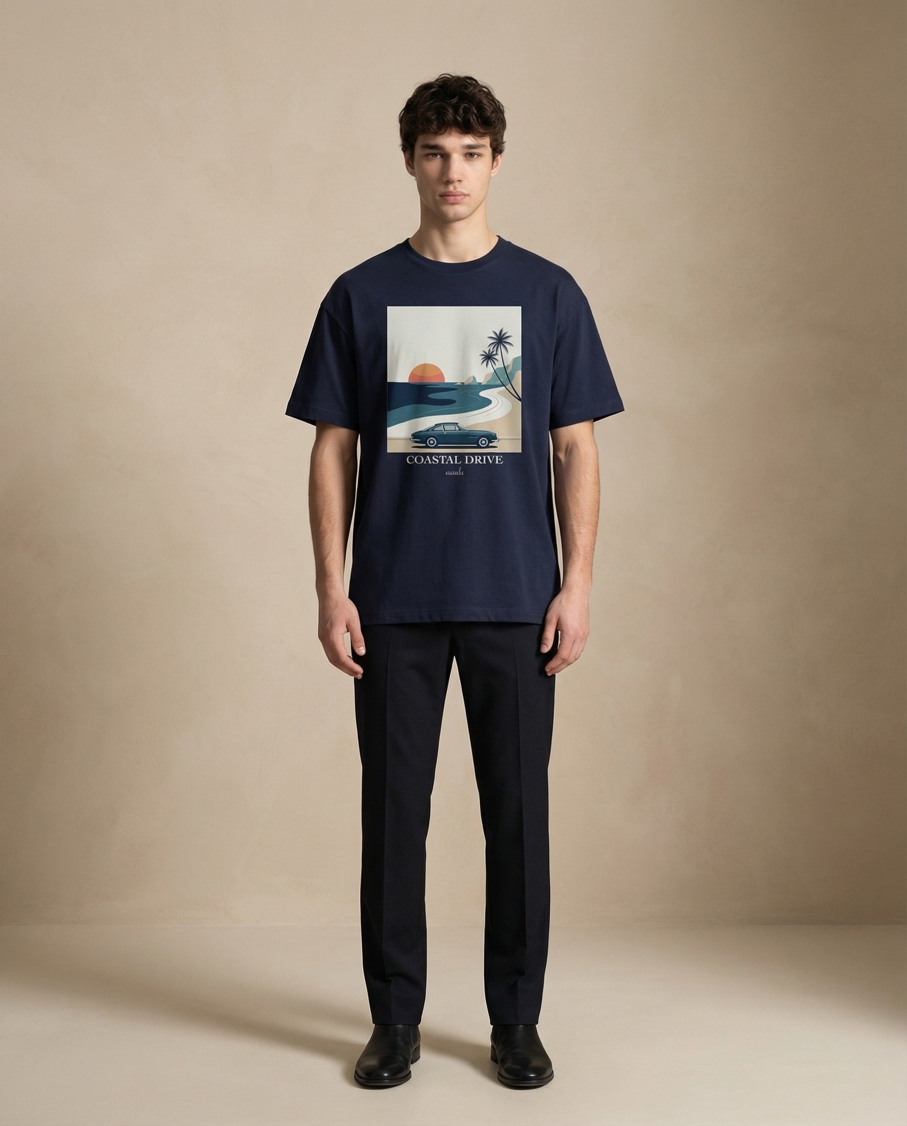 Aurulu Coastal Drive oversized men's print tee featuring a vibrant coastal-themed graphic on soft fabric.