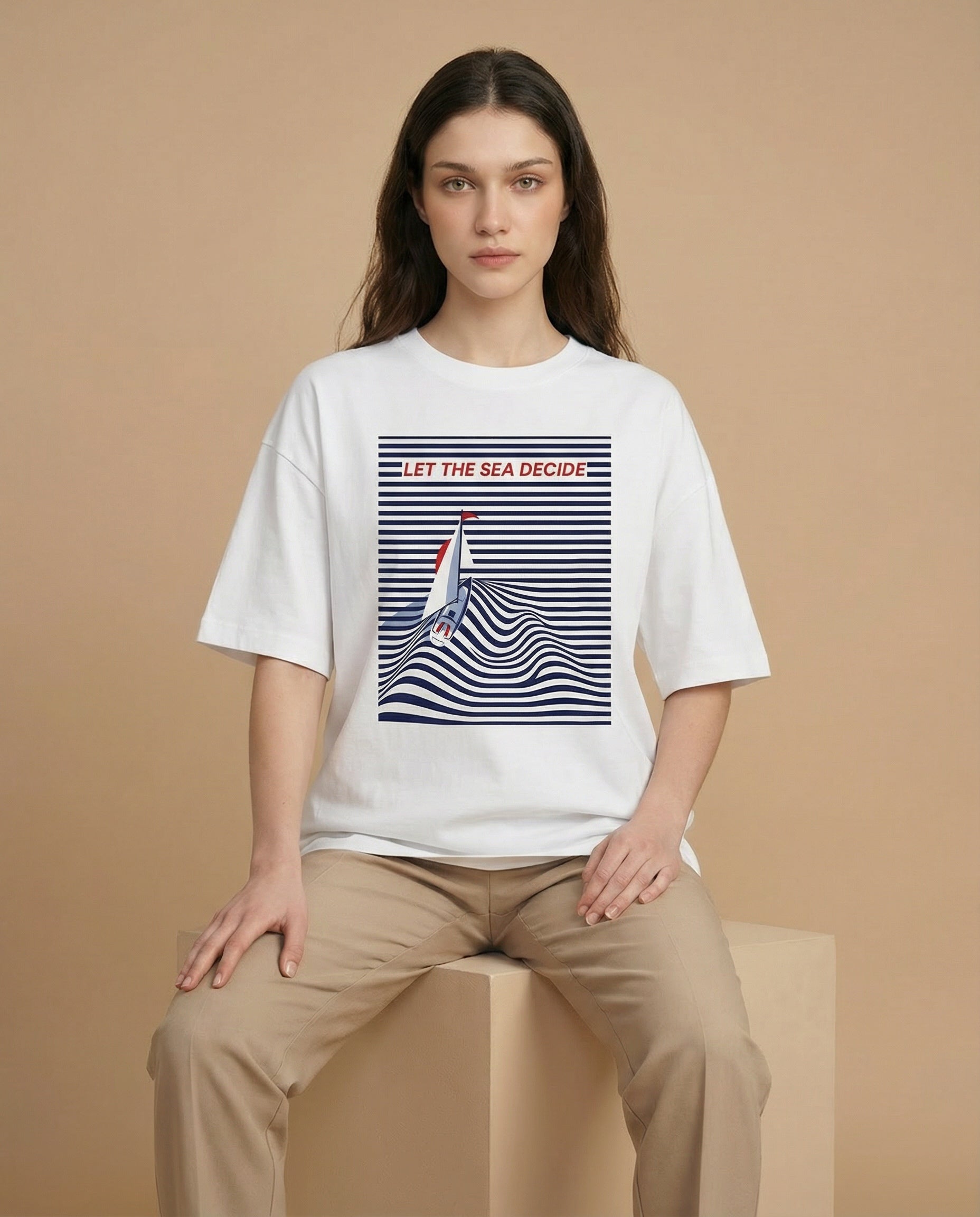 Aurulu women's oversized sea-inspired print tee featuring bold, colorful ocean-themed artwork on soft fabric.
