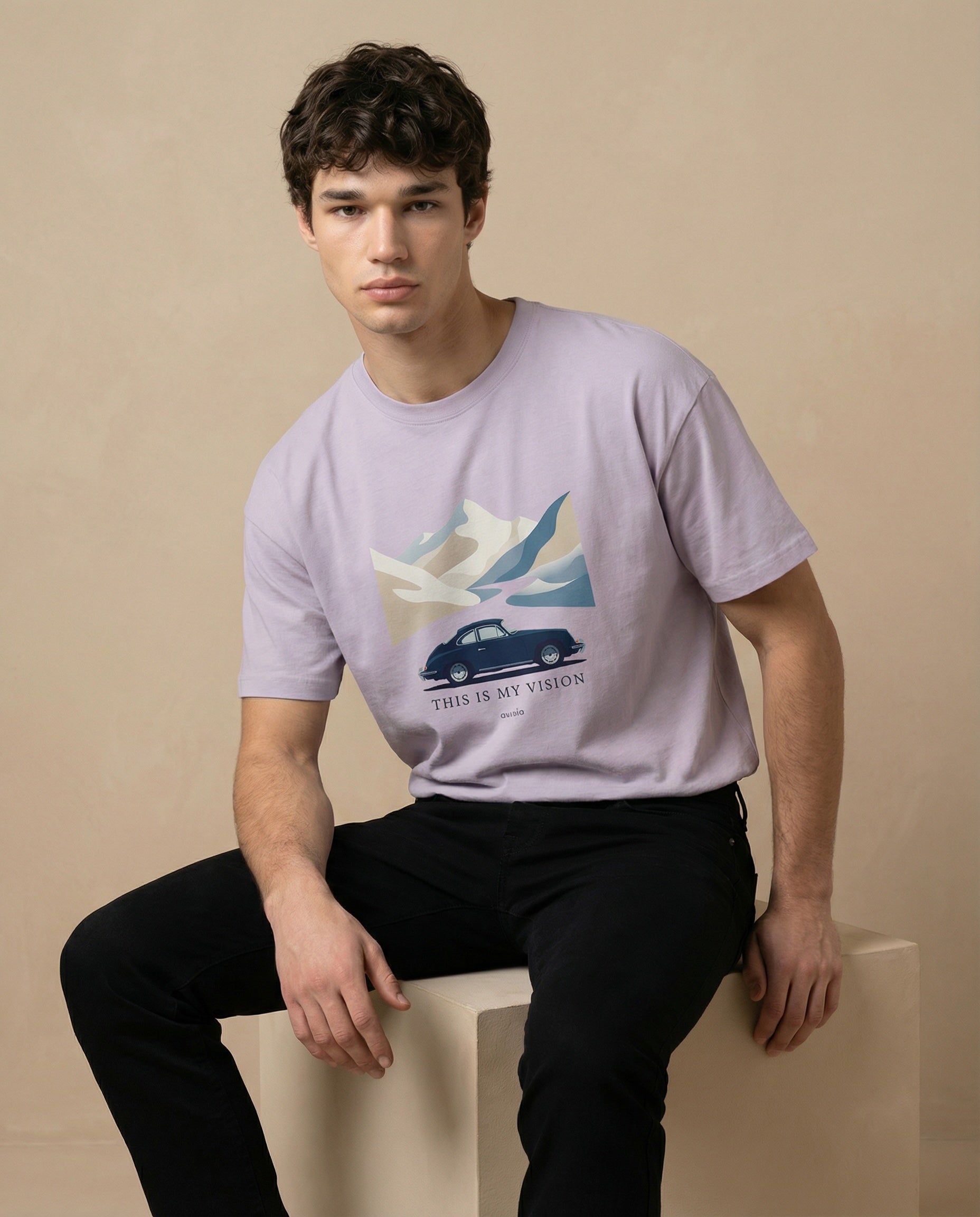 Men's oversized Vision print tee by aurulu, featuring a casual, relaxed fit with bold graphic design on soft fabric.