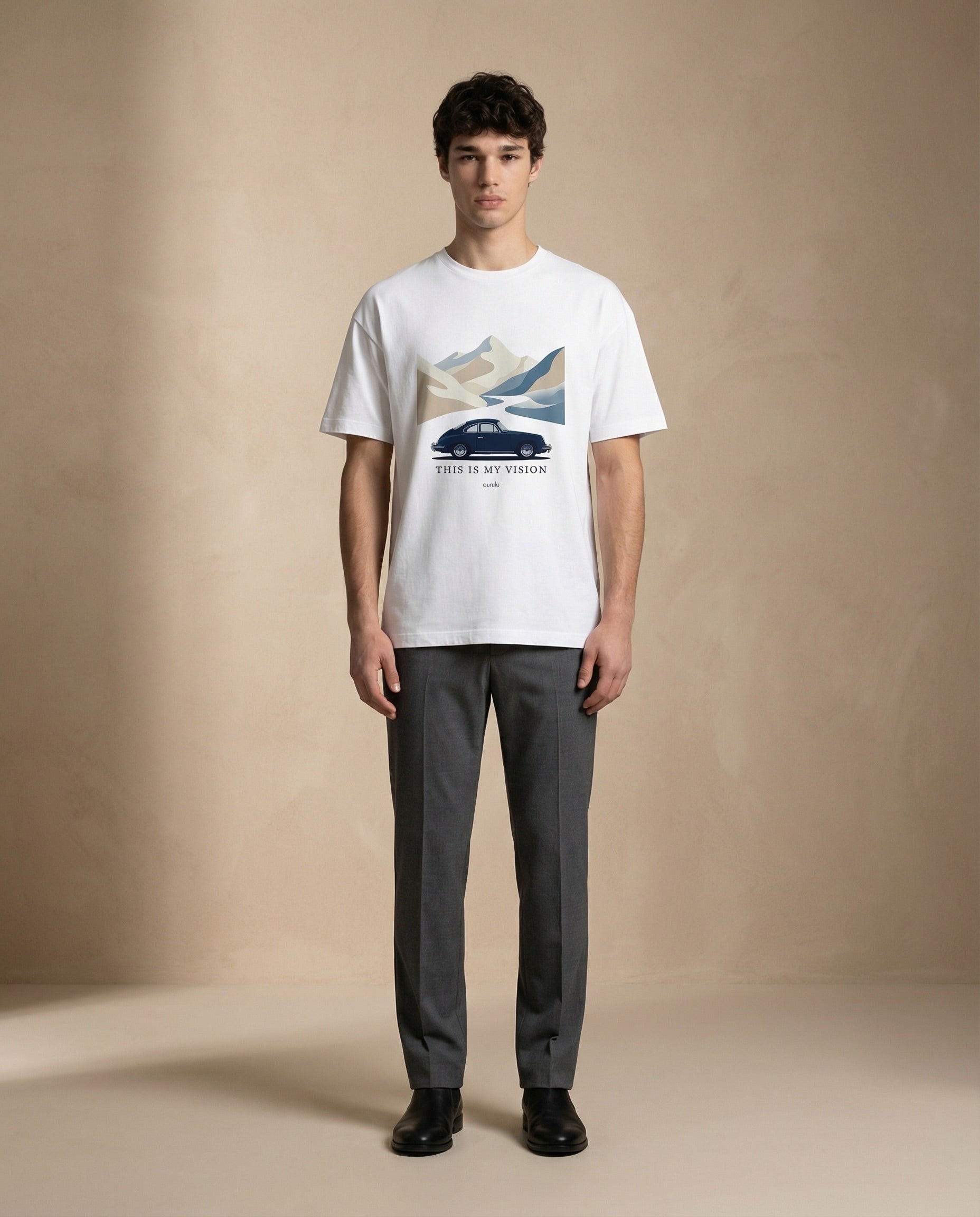 Men's oversized vision print tee by aurulu, featuring a relaxed fit and bold graphic design on soft fabric.
