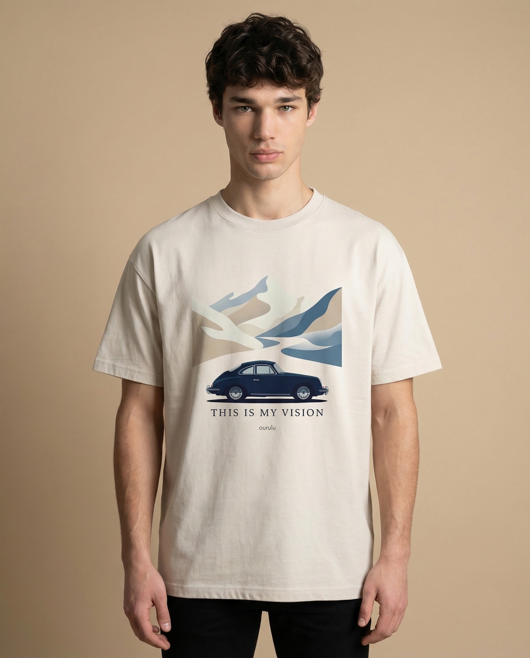 Men's oversized print tee by Aurulu featuring bold graphic design on soft cotton fabric.