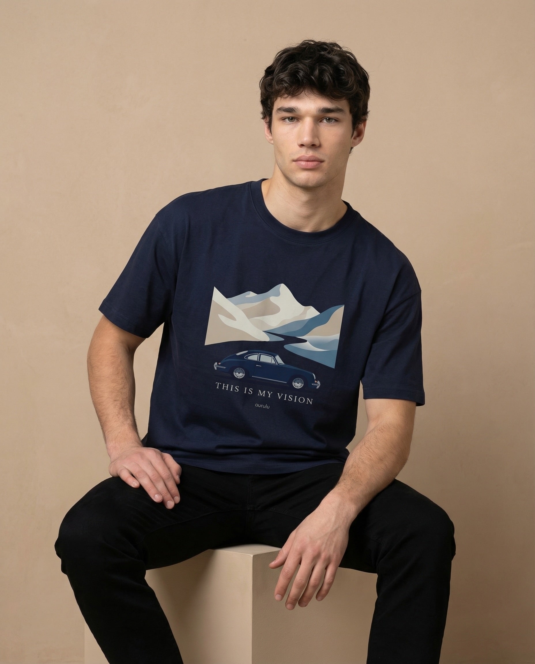 Men's oversized print T-shirt by aurulu featuring a bold vision-themed graphic on soft fabric.