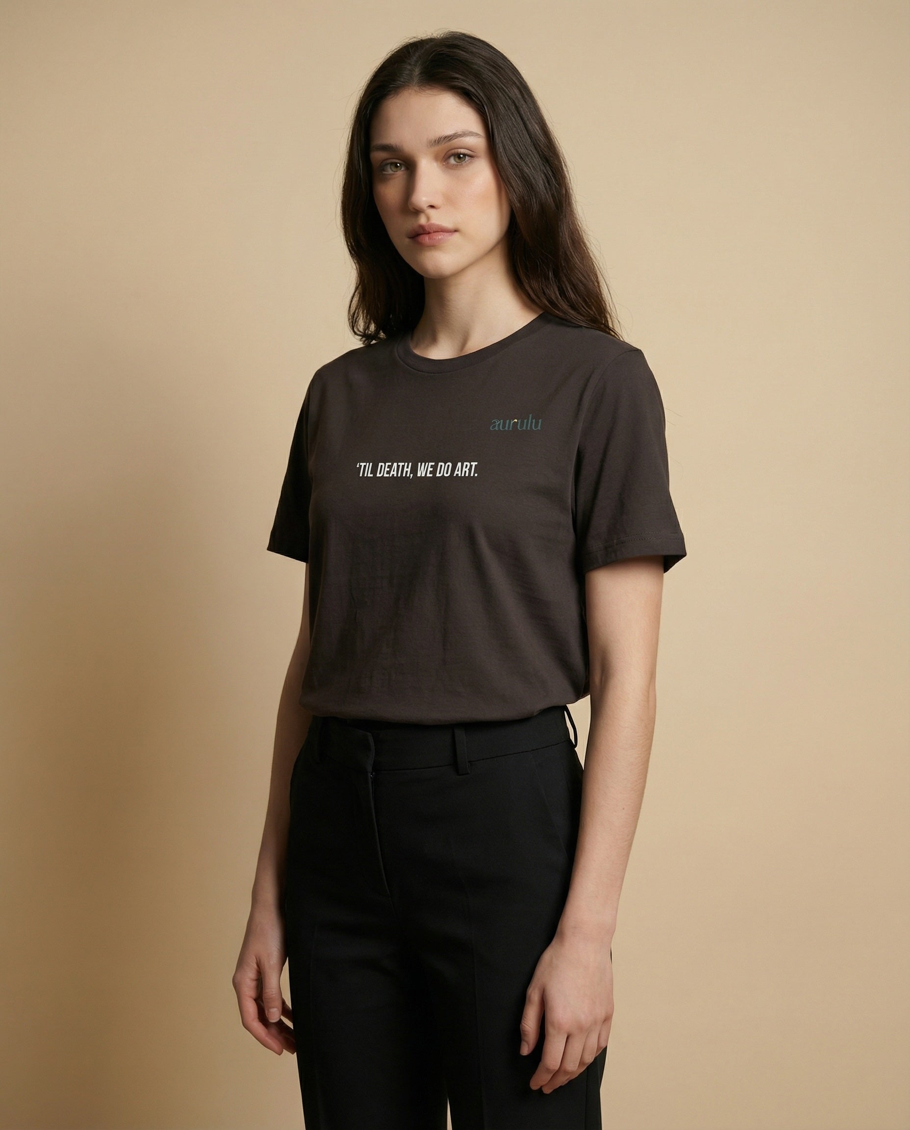 Women’s "We Do Art" print tee by Aurulu, featuring a stylish graphic design on soft fabric.