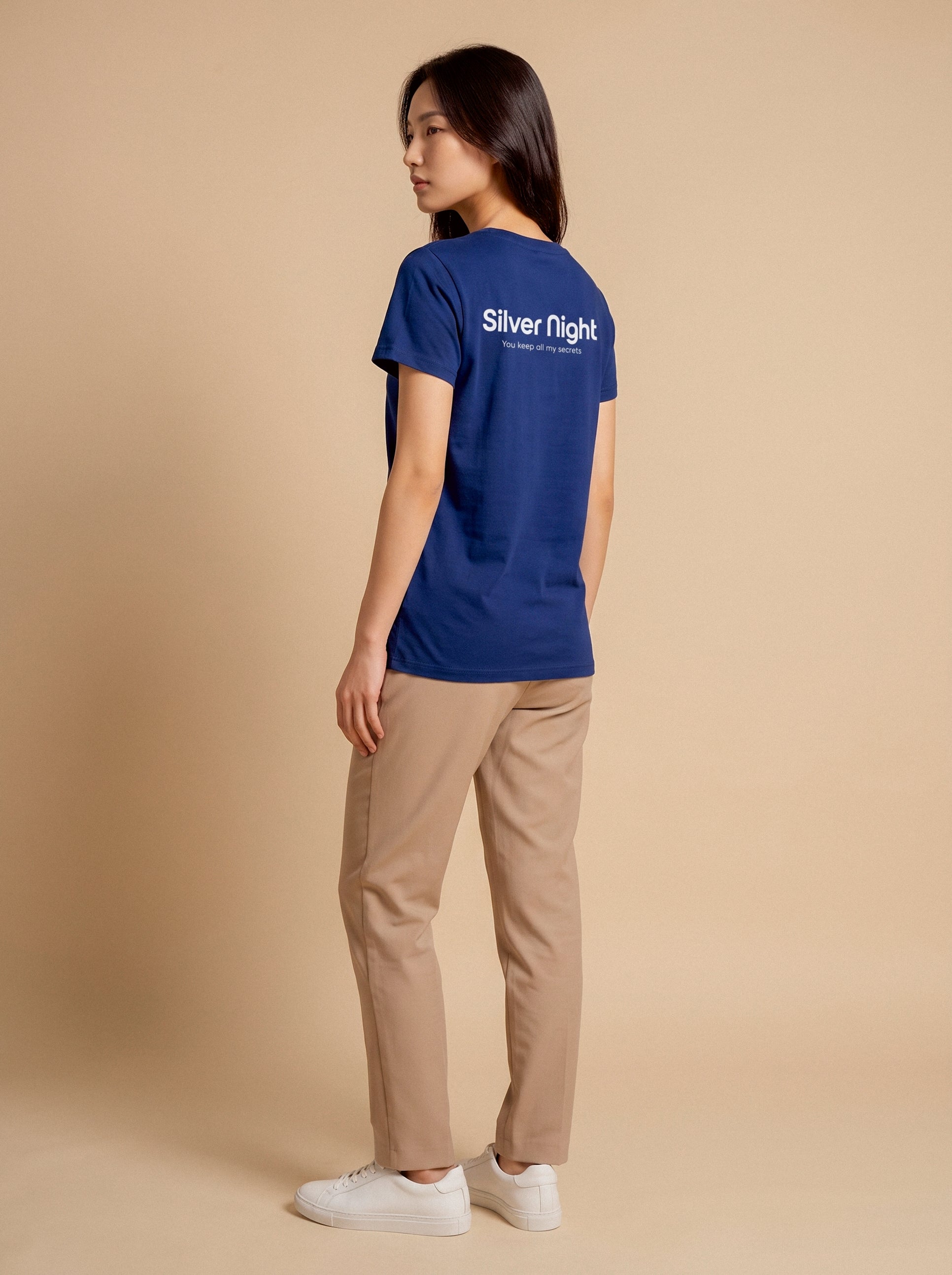 Silver Night unisex cotton crew neck T-shirt by aurulu with a print design, shown on a flat lay.