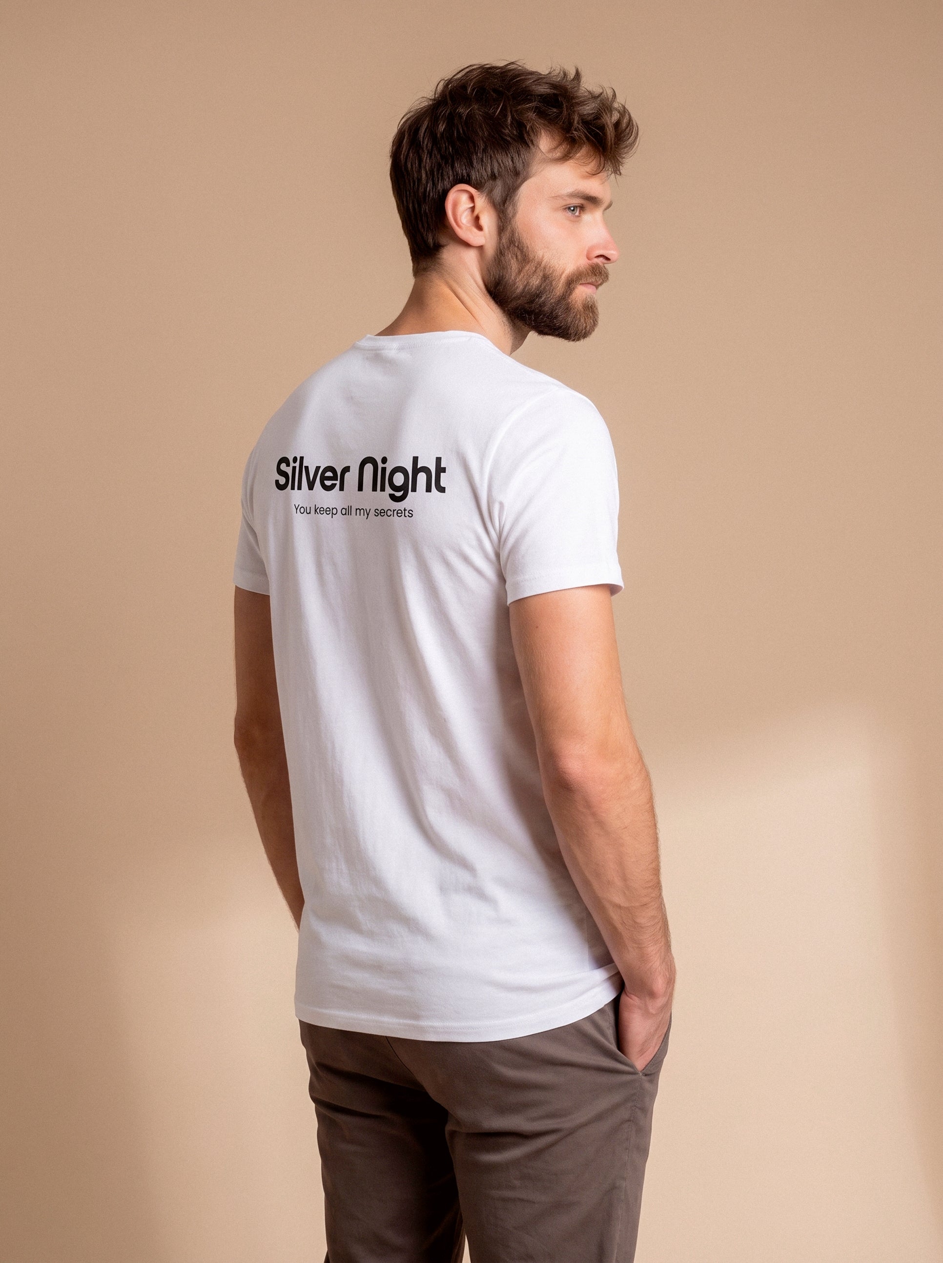 Silver Night unisex cotton crew neck T-shirt by Aurulu with printed design, appears smooth and comfortable fabric.