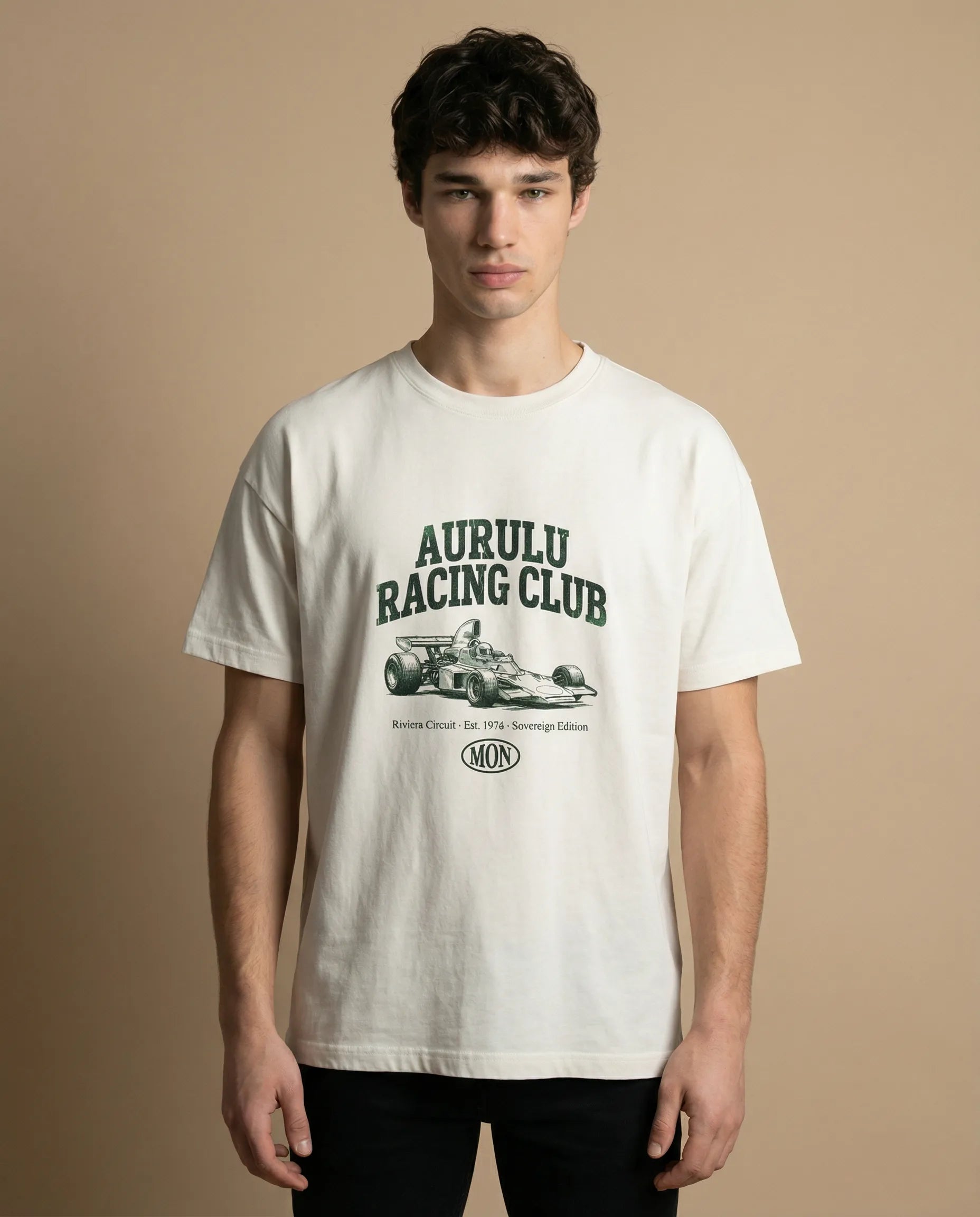 Aurulu Racing Club men's oversized print T-shirt featuring bold racing-themed graphic on soft fabric.