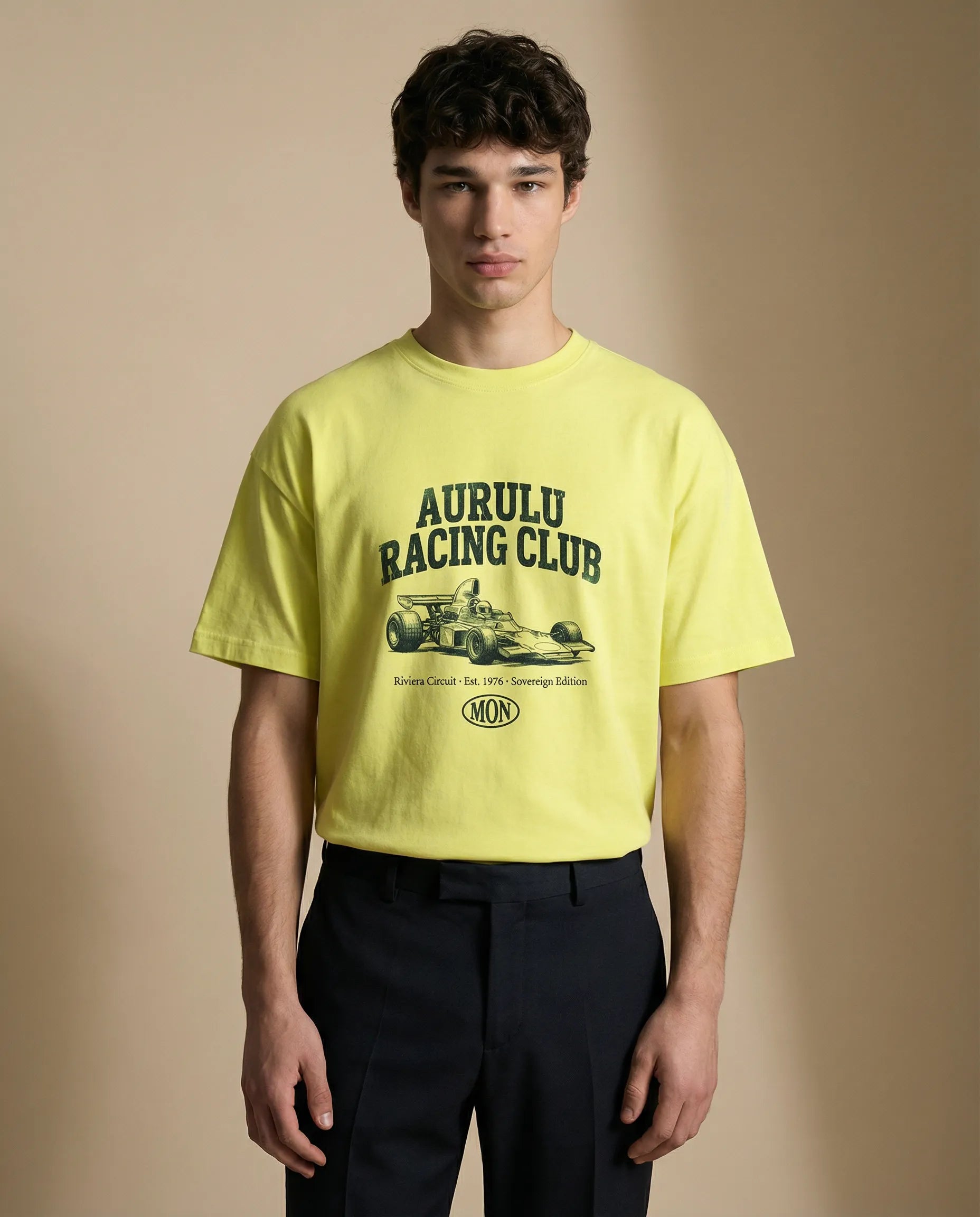 Aurulu Racing Club men's oversized print tee featuring bold racing-themed design on soft fabric, casual and comfortable fit.