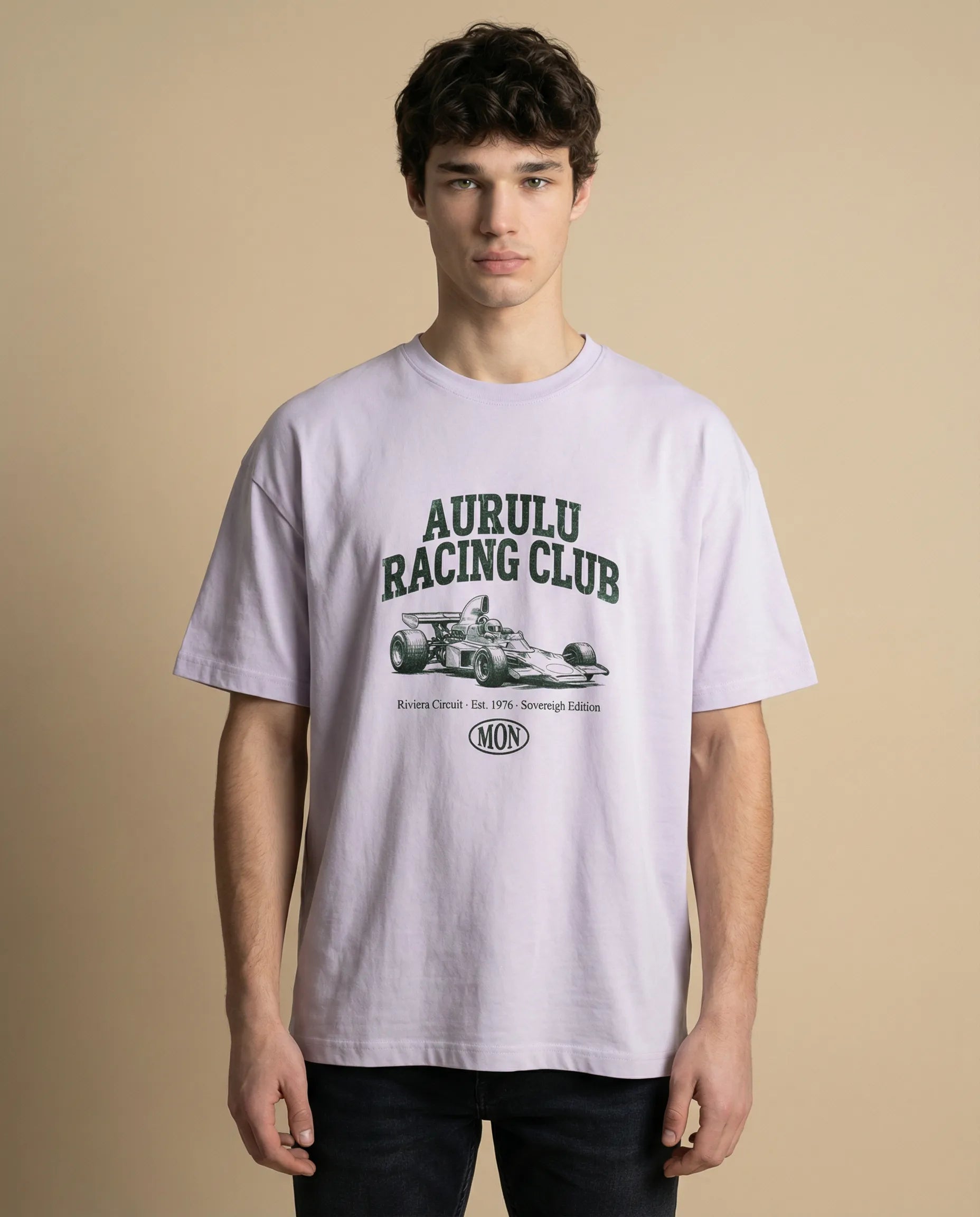 Aurulu Racing Club men's oversized tee with bold print on soft fabric, showcasing a casual and stylish men's graphic t-shirt.