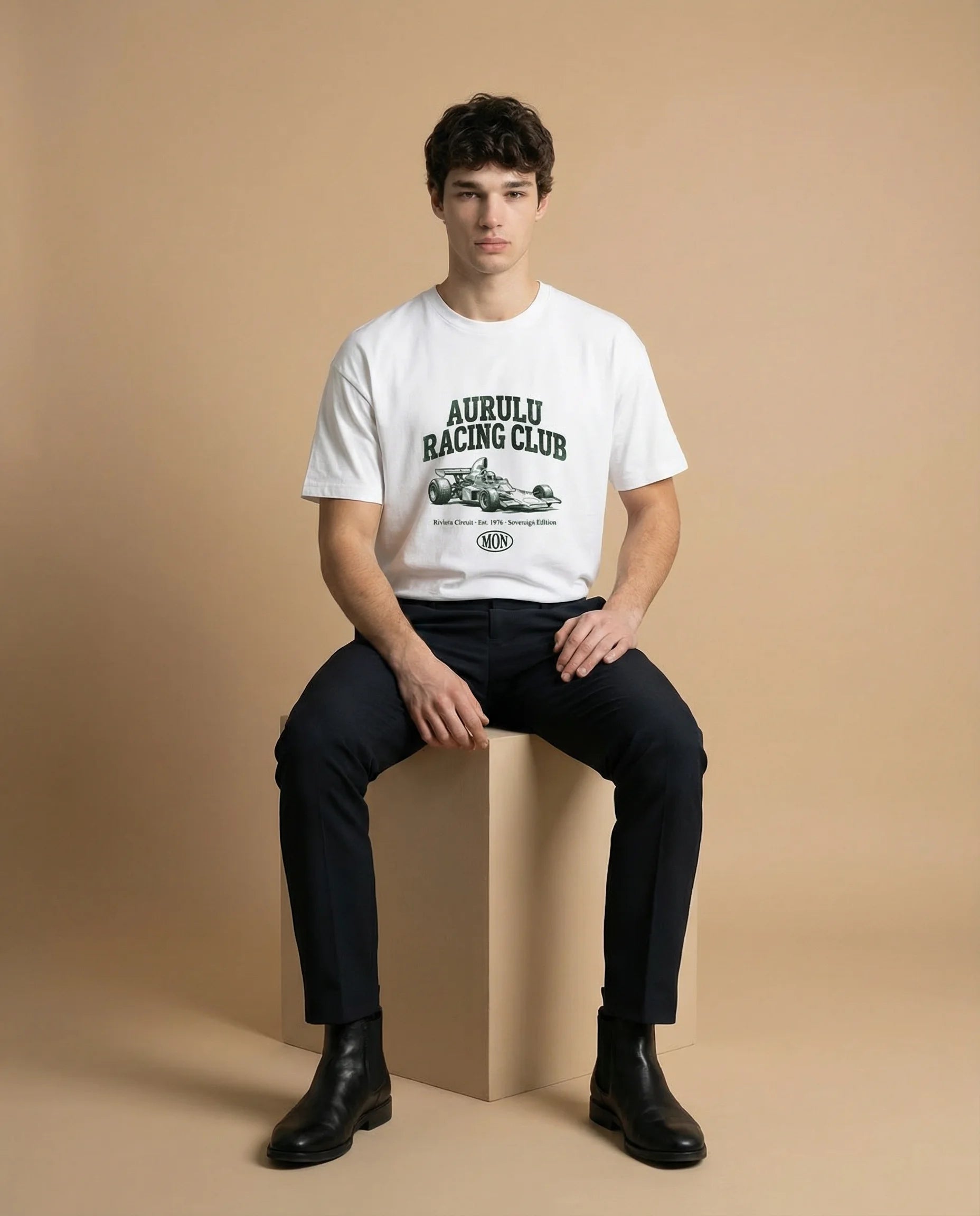 Aurulu Racing Club men's oversized print tee featuring bold racing-themed graphic on soft fabric.