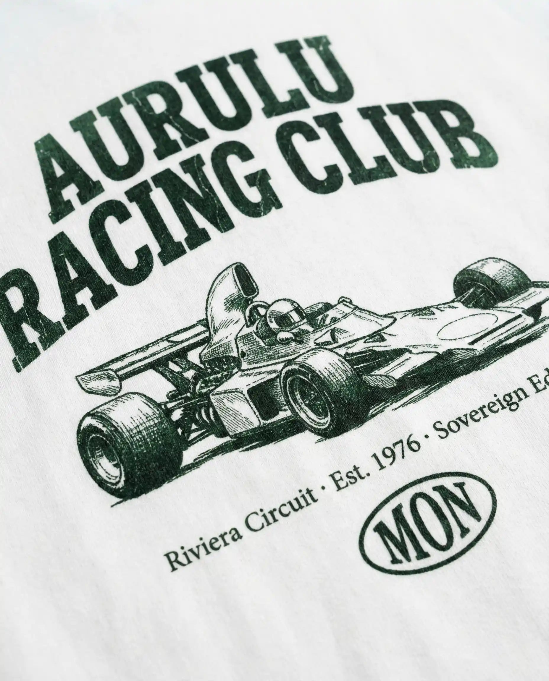 Aurulu Racing Club men's oversized print tee featuring bold racing-themed graphic on soft fabric.