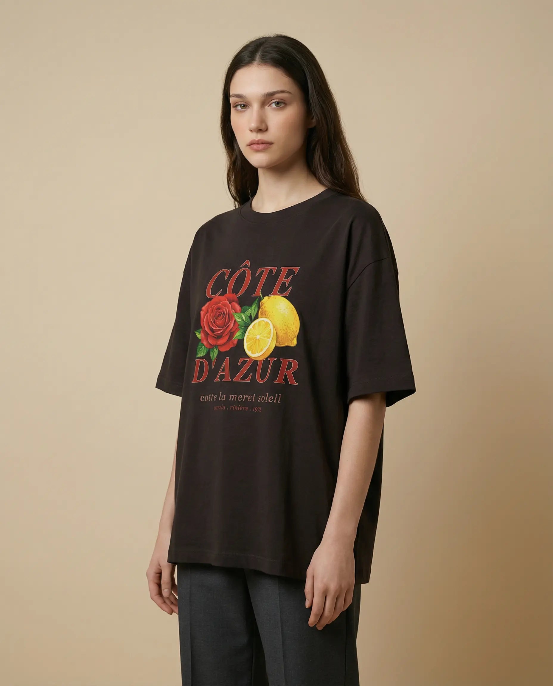 Côte d'Azur women's oversized print tee by aurulu featuring a stylish and relaxed fit with a vibrant design on soft fabric.