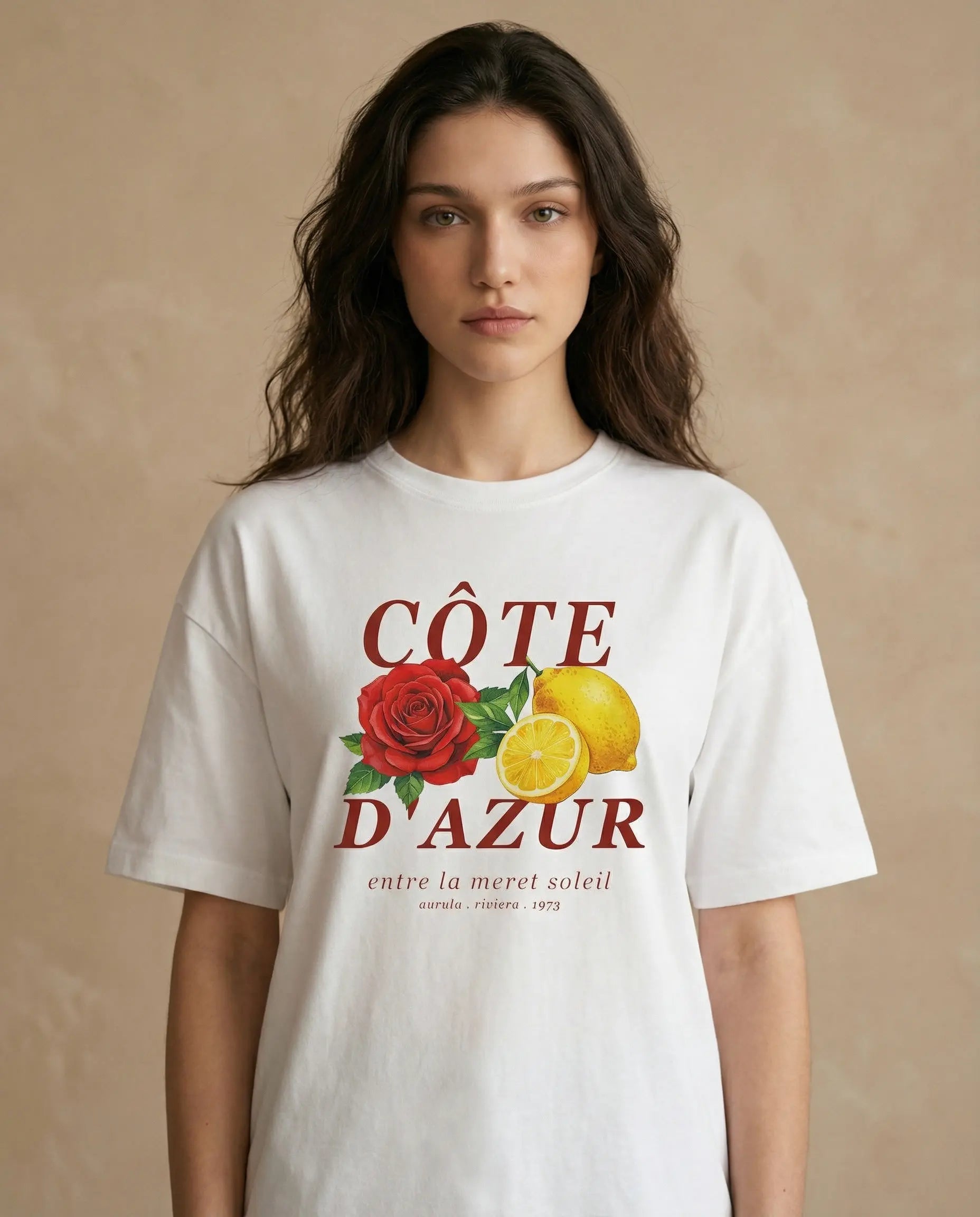 Oversized women's T-shirt by aurulu featuring a vibrant Côte d'Azur print on soft fabric.