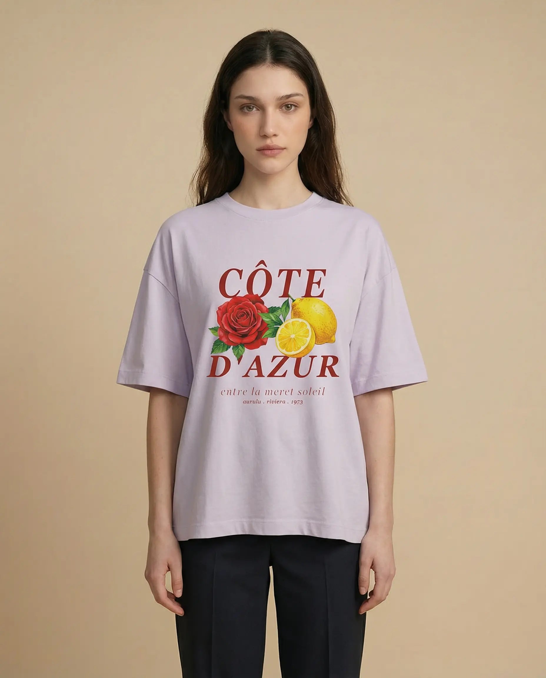 Côte d'Azur women's oversized print tee by Aurulu, featuring a stylish, relaxed fit and vibrant graphic design.
