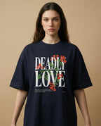 Deadly Love women's oversized print tee by Aurulu featuring a bold graphic design and casual fit on a white background.