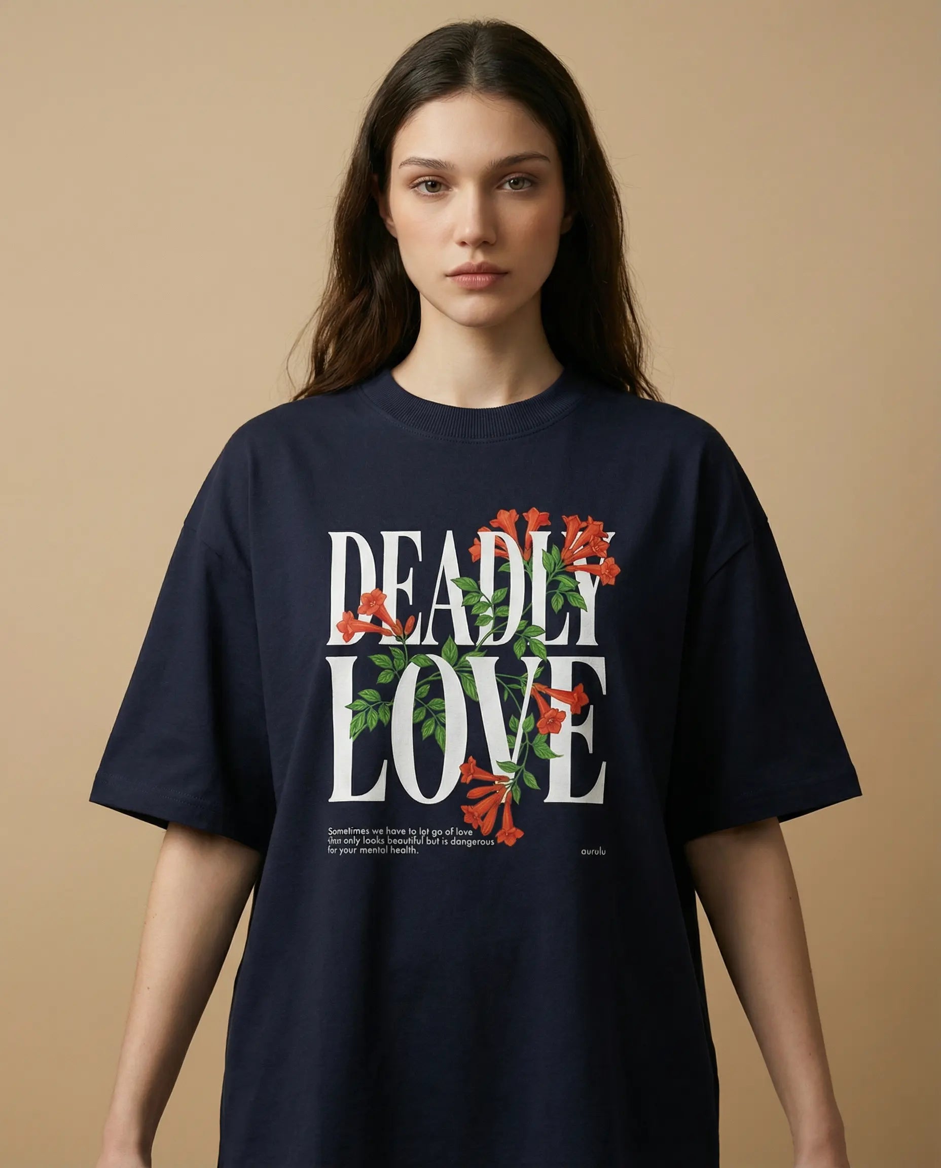 Deadly Love women's oversized print tee by Aurulu featuring a bold graphic design and casual fit on a white background.
