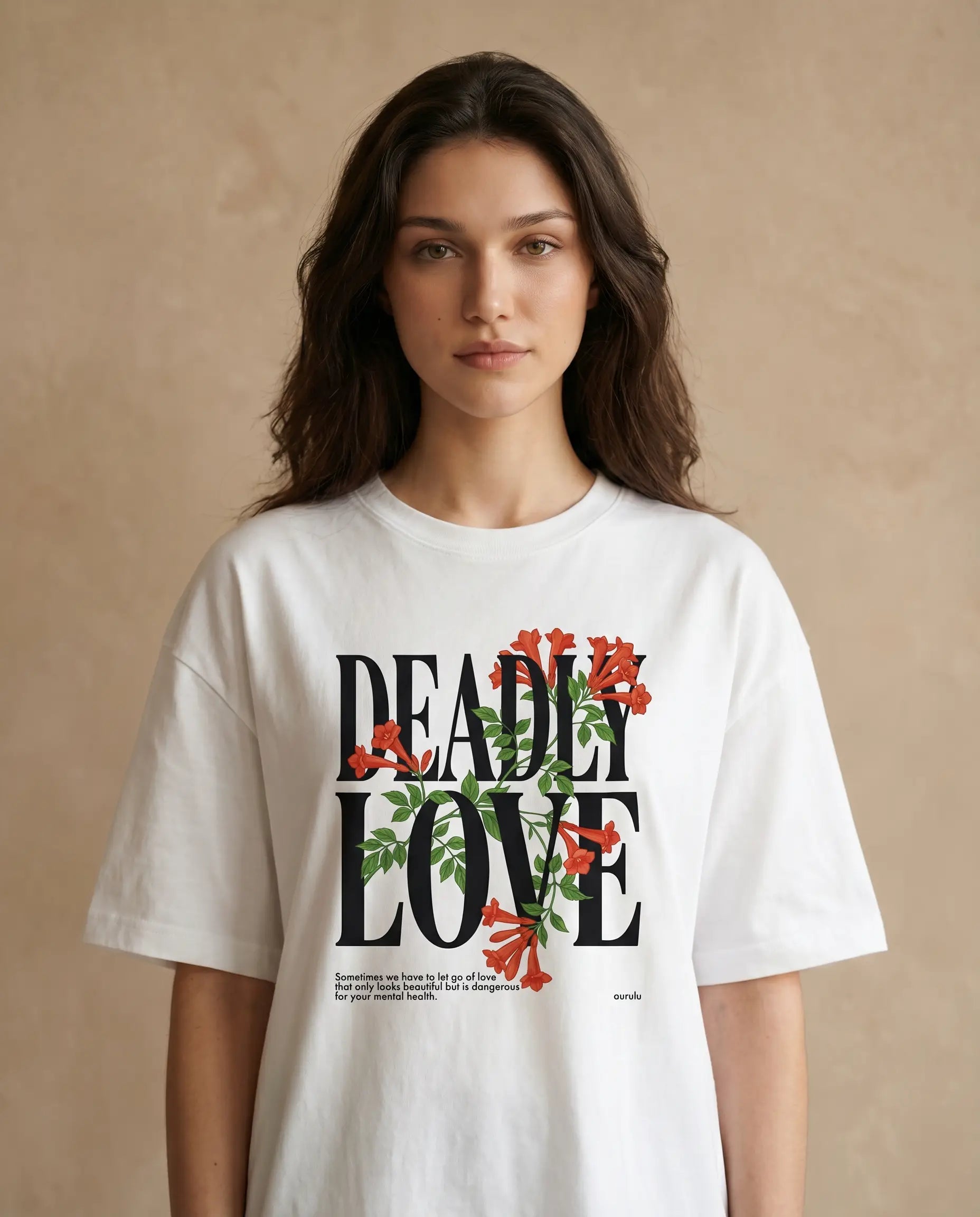 Deadly Love women's oversized print tee by Aurulu featuring bold graphic design on soft fabric.