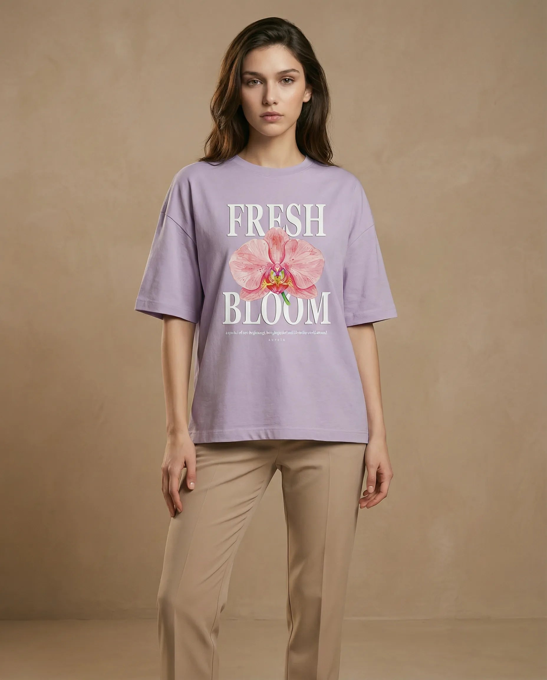 Fresh Bloom women's oversized print tee by aurulu featuring vibrant floral design on soft fabric.