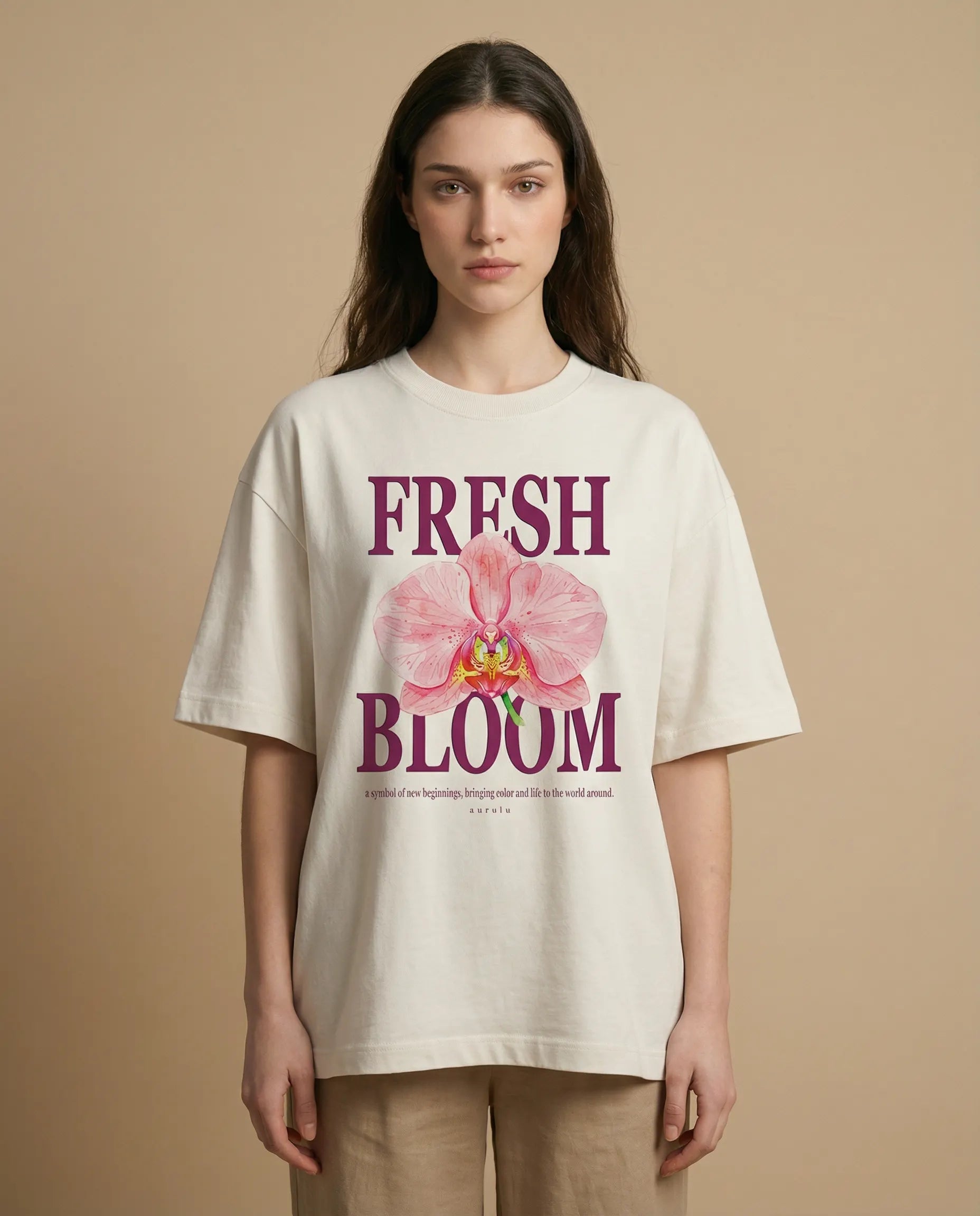 Fresh Bloom Women's oversized tee with vibrant floral print from aurulu, featuring a relaxed fit and colorful design.