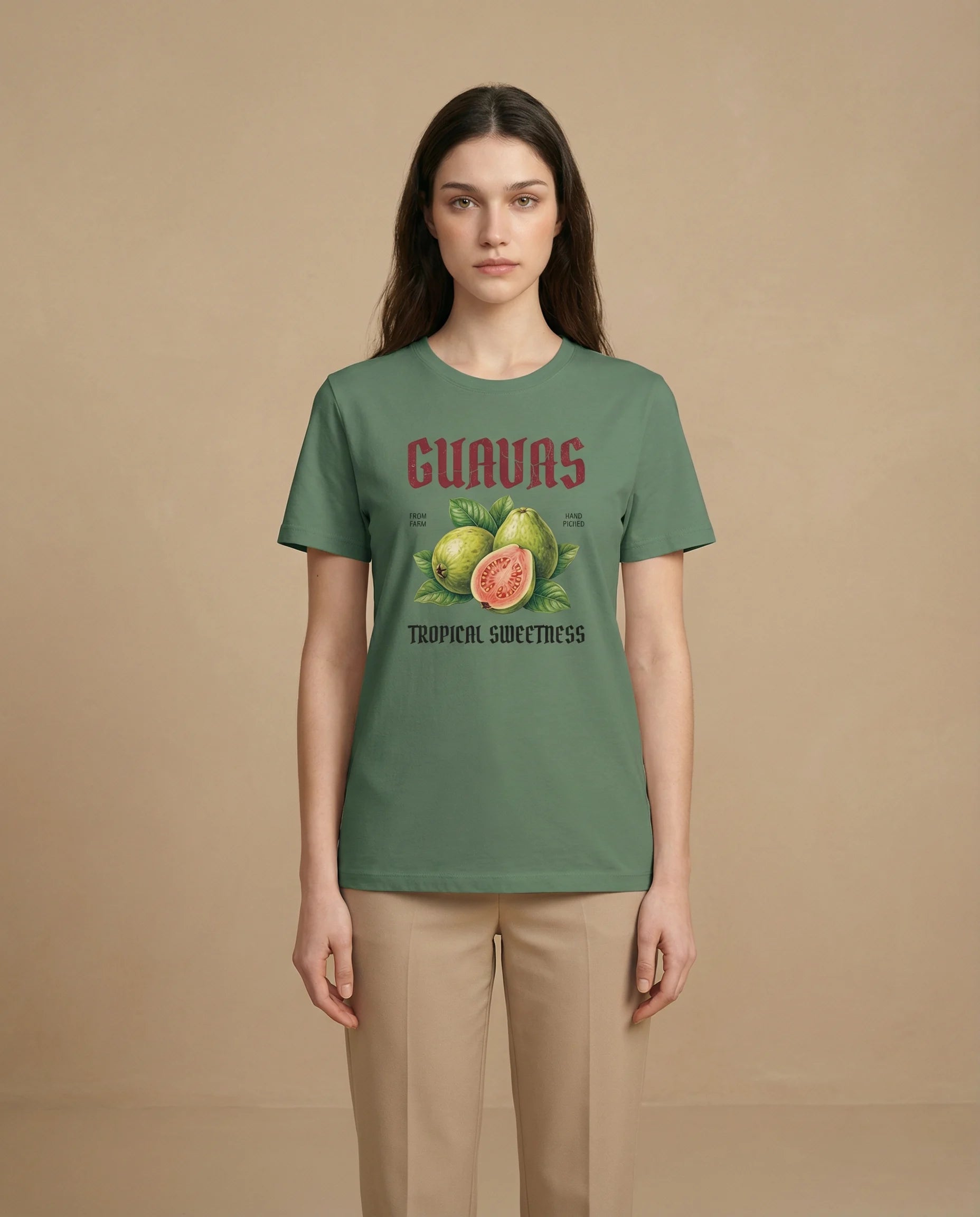 Guavas Women's Tee with tropical print, made from lightweight material, featuring colorful guava and tropical leaf design.
