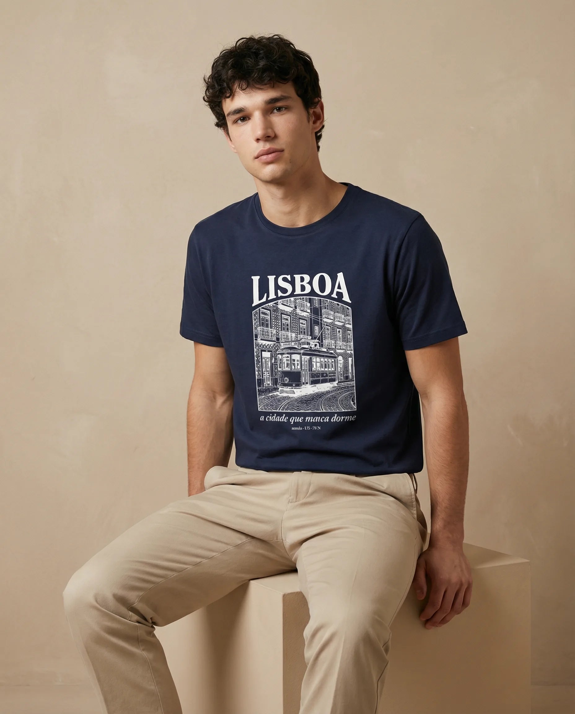 Lisboa men's crewneck T-shirt by aurulu with a printed design, displayed flat on a white background.