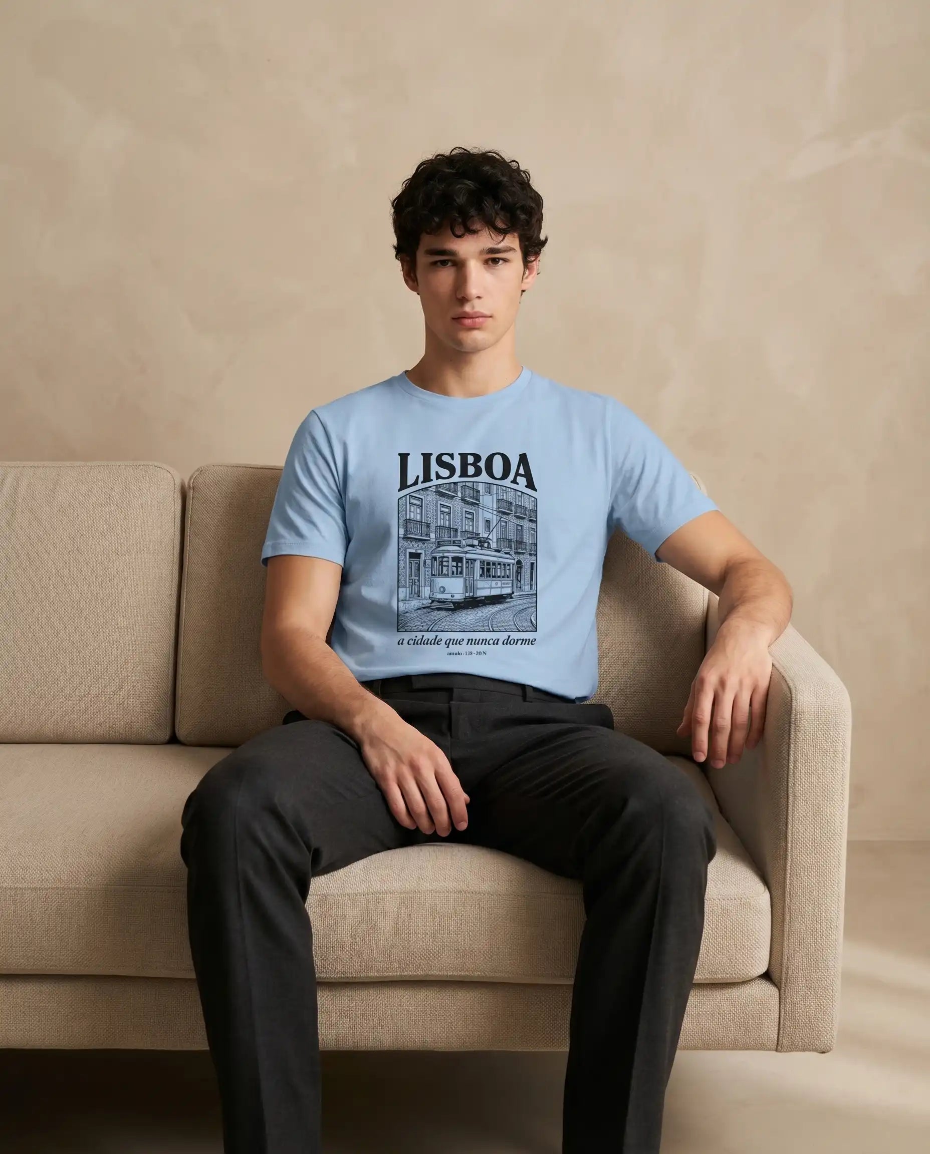 Aurulu Lisboa men's crewneck tee with printed design, showing the front view in casual style on a plain background.